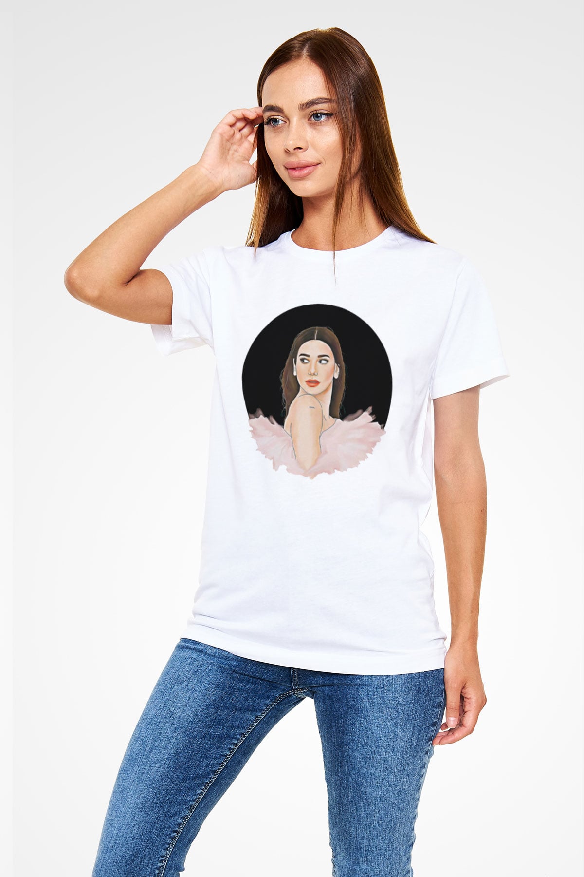 Dua Lipa Baskılı Unisex Beyaz Tişört - Tshirt