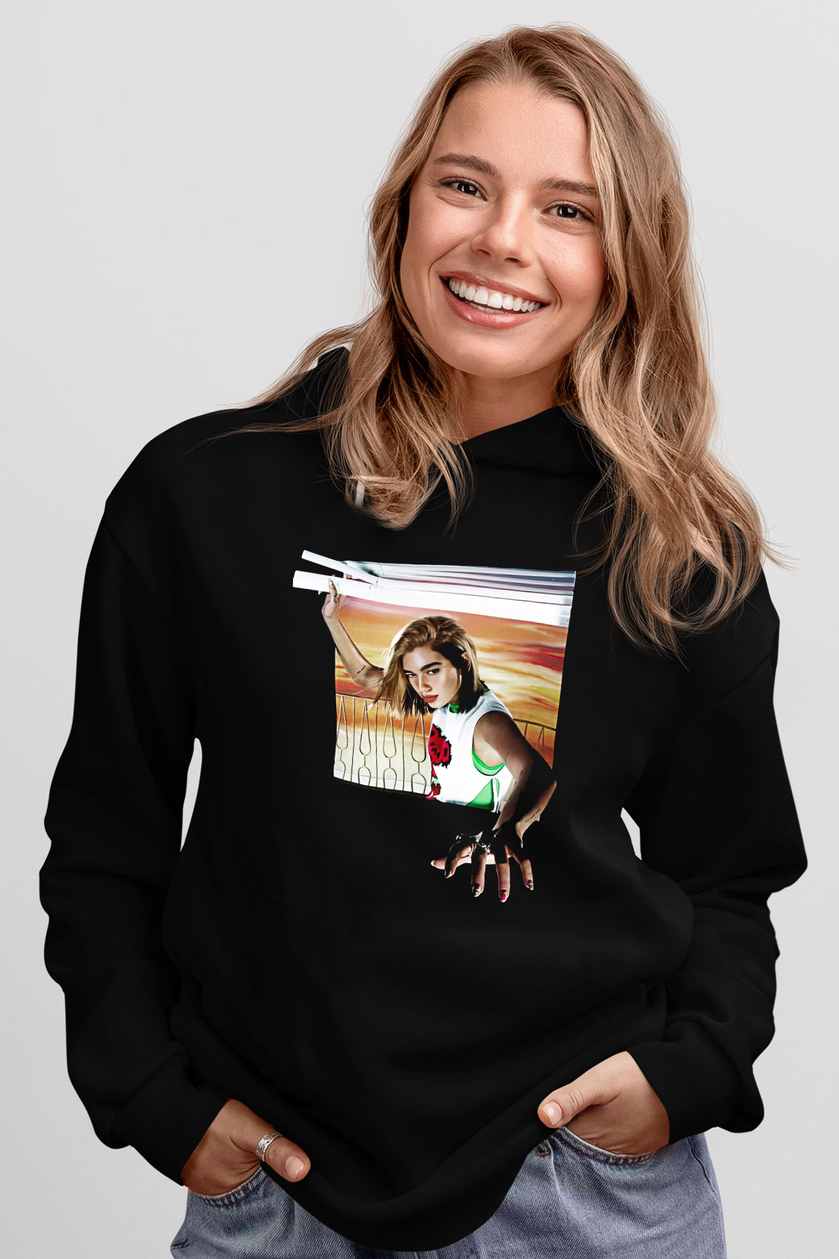 Dua Lipa Baskılı Unisex Siyah Hoodie