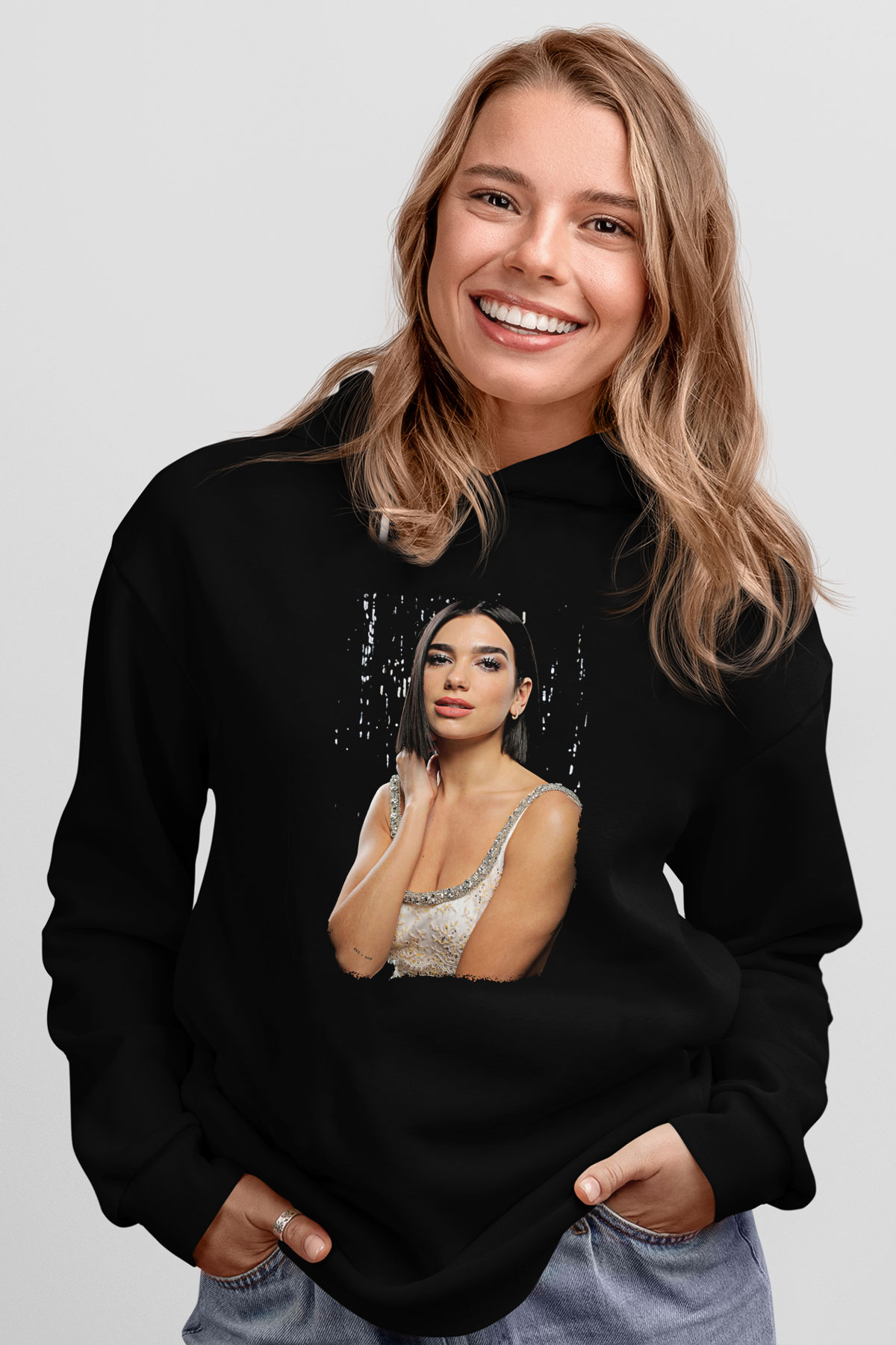 Dua Lipa Baskılı Unisex Siyah Hoodie