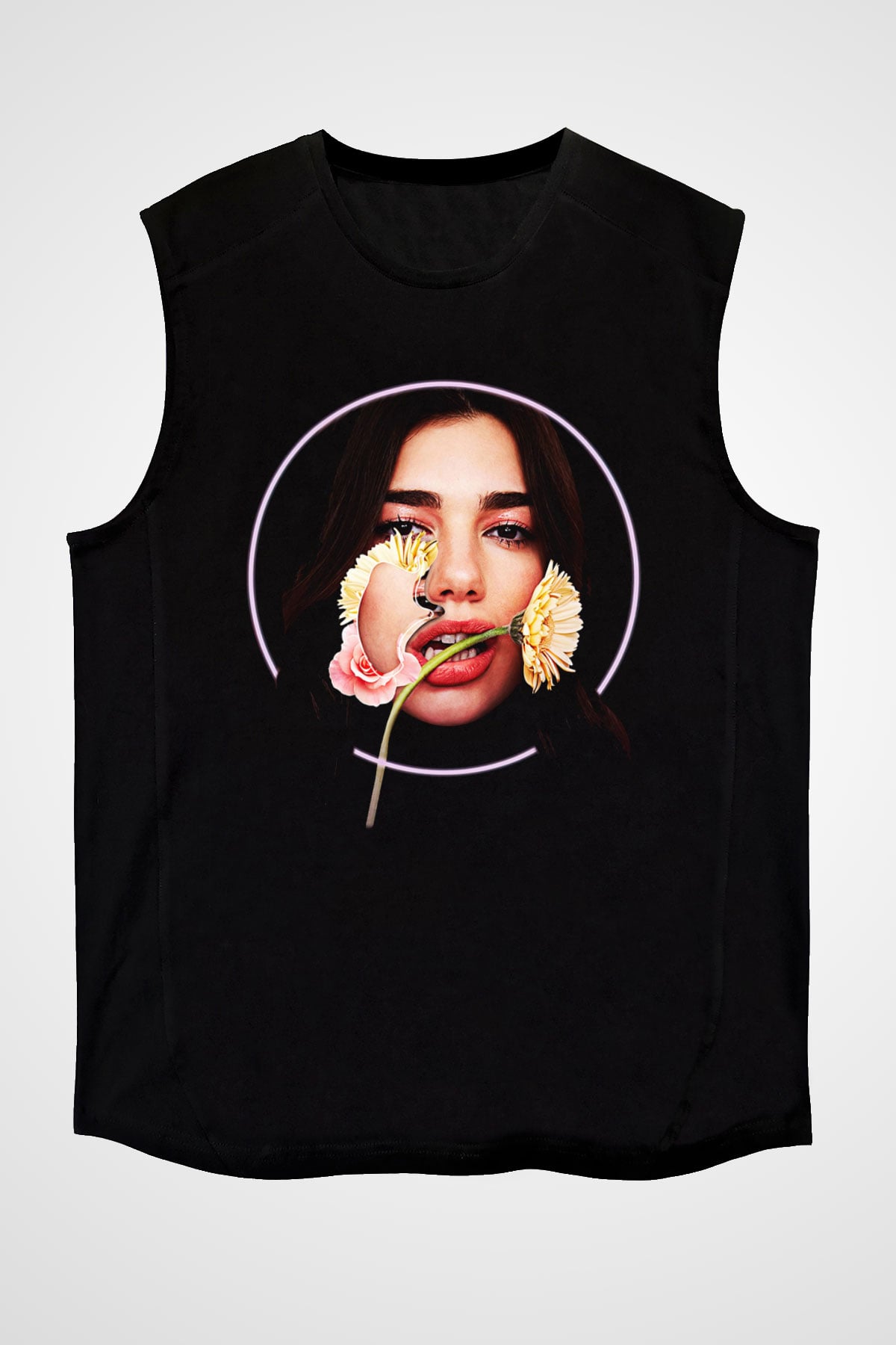 Dua Lipa Baskılı Unisex Siyah Kolsuz Tişört - Tshirt