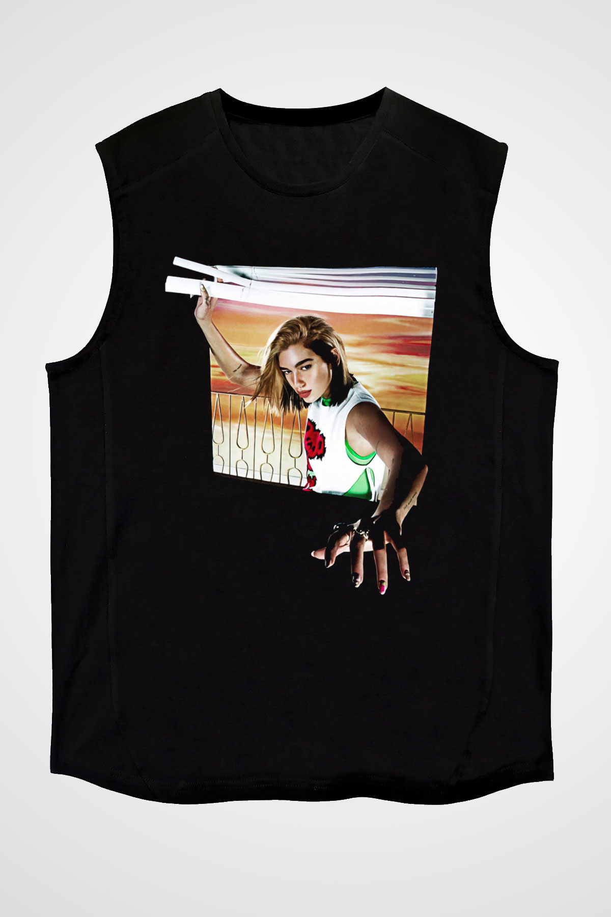 Dua Lipa Baskılı Unisex Siyah Kolsuz Tişört - Tshirt