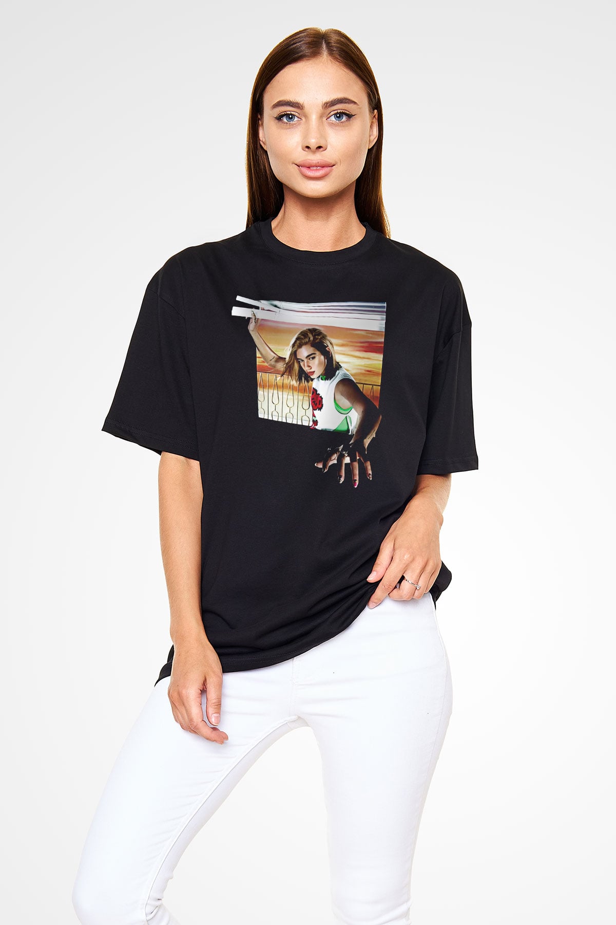 Dua Lipa Baskılı Unisex Siyah Oversize Tişört - Tshirt