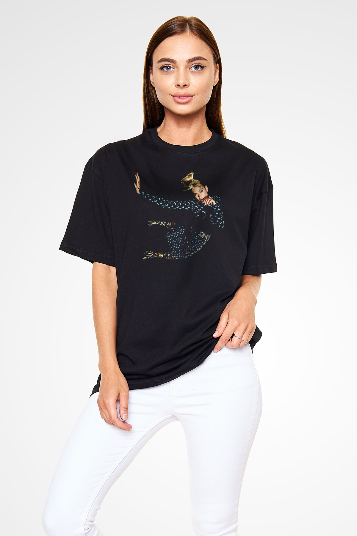 Dua Lipa Baskılı Unisex Siyah Oversize Tişört - Tshirt