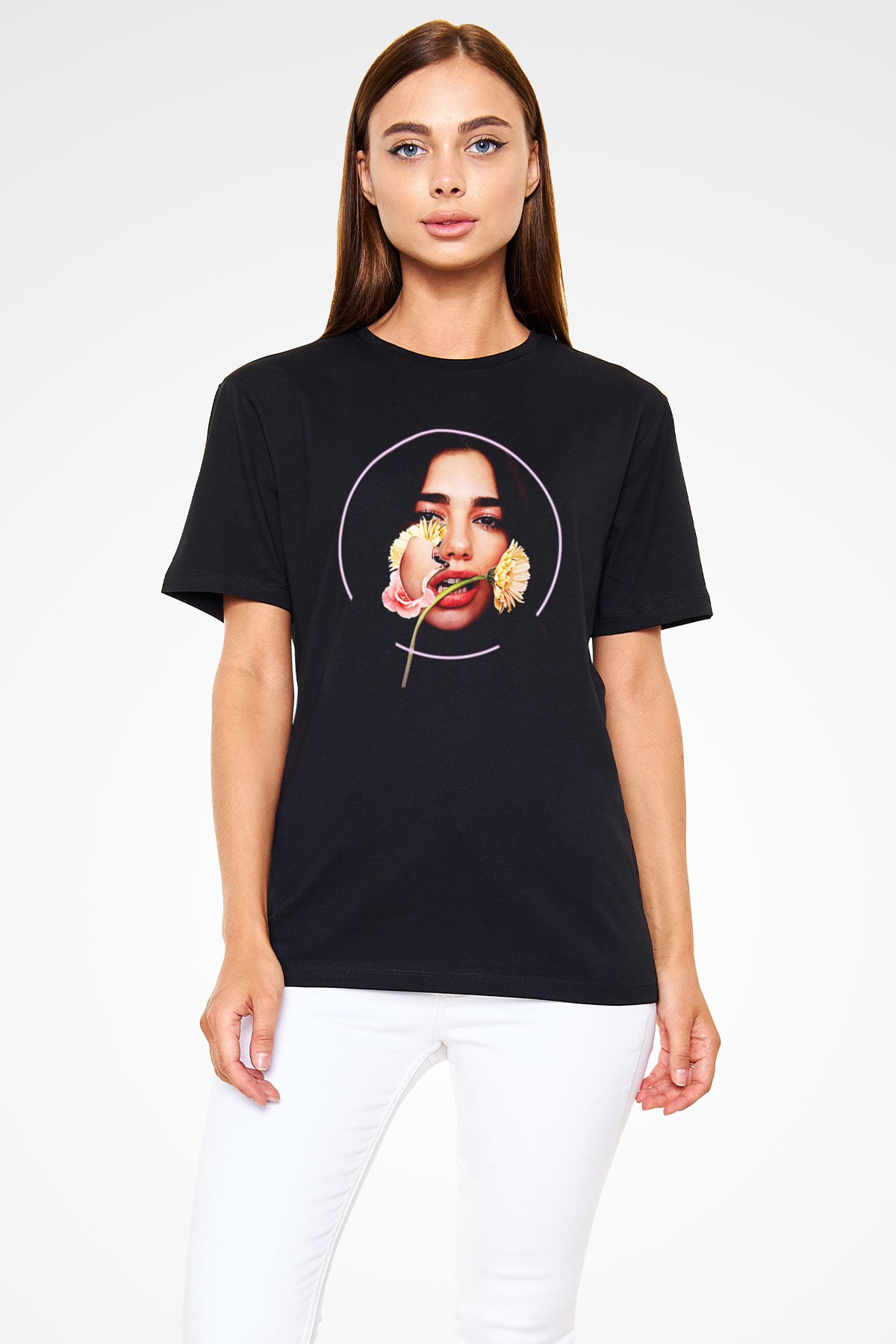 Dua Lipa Baskılı Unisex Siyah Tişört - Tshirt