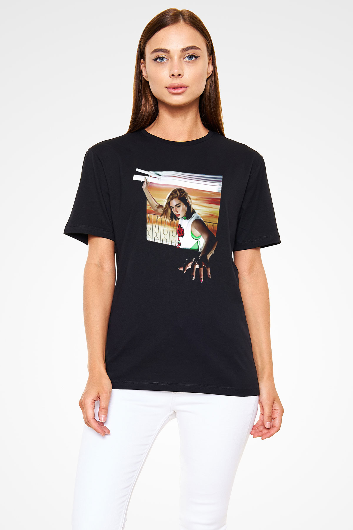 Dua Lipa Baskılı Unisex Siyah Tişört - Tshirt