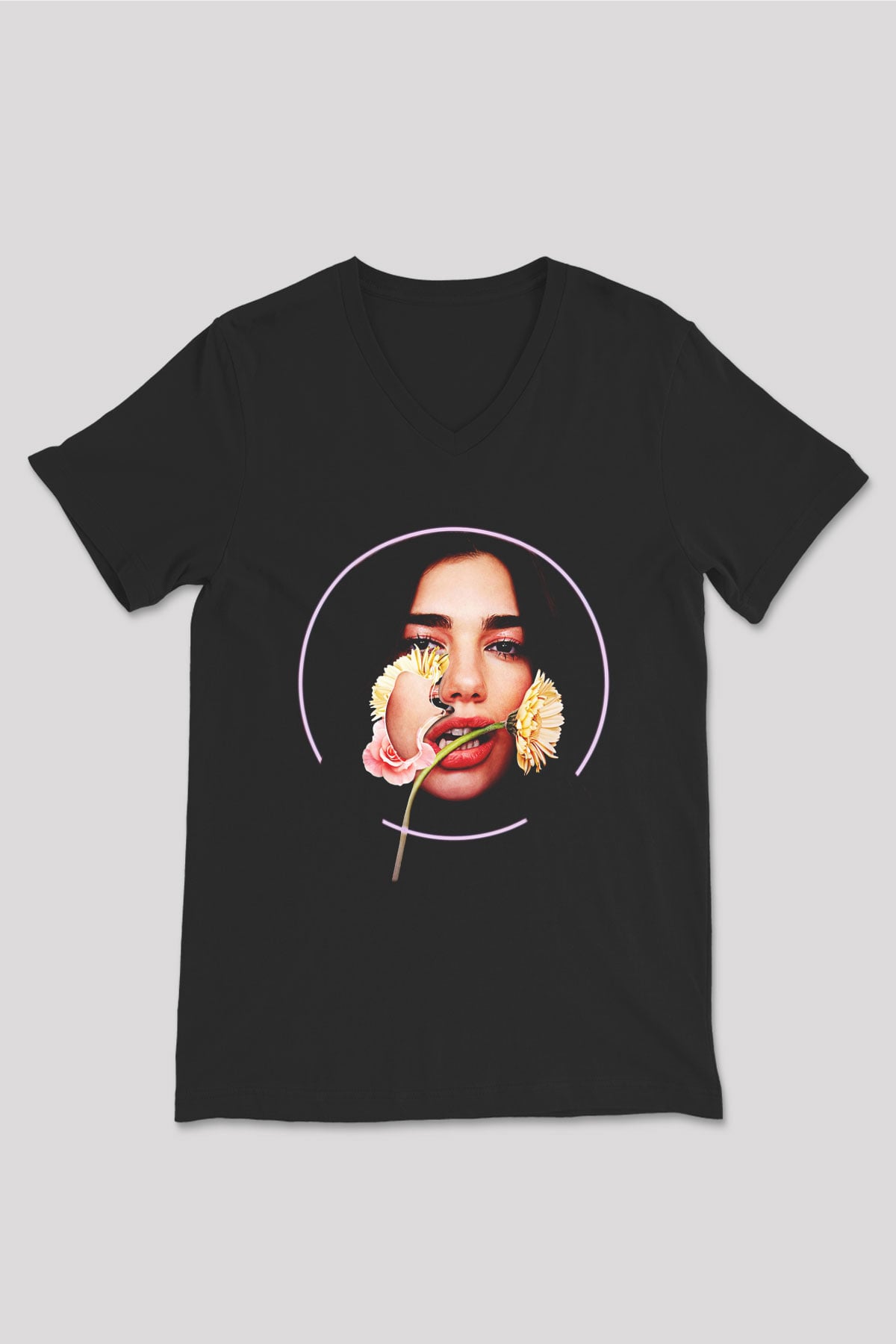 Dua Lipa Baskılı Unisex Siyah V Yaka Tişört - Tshirt
