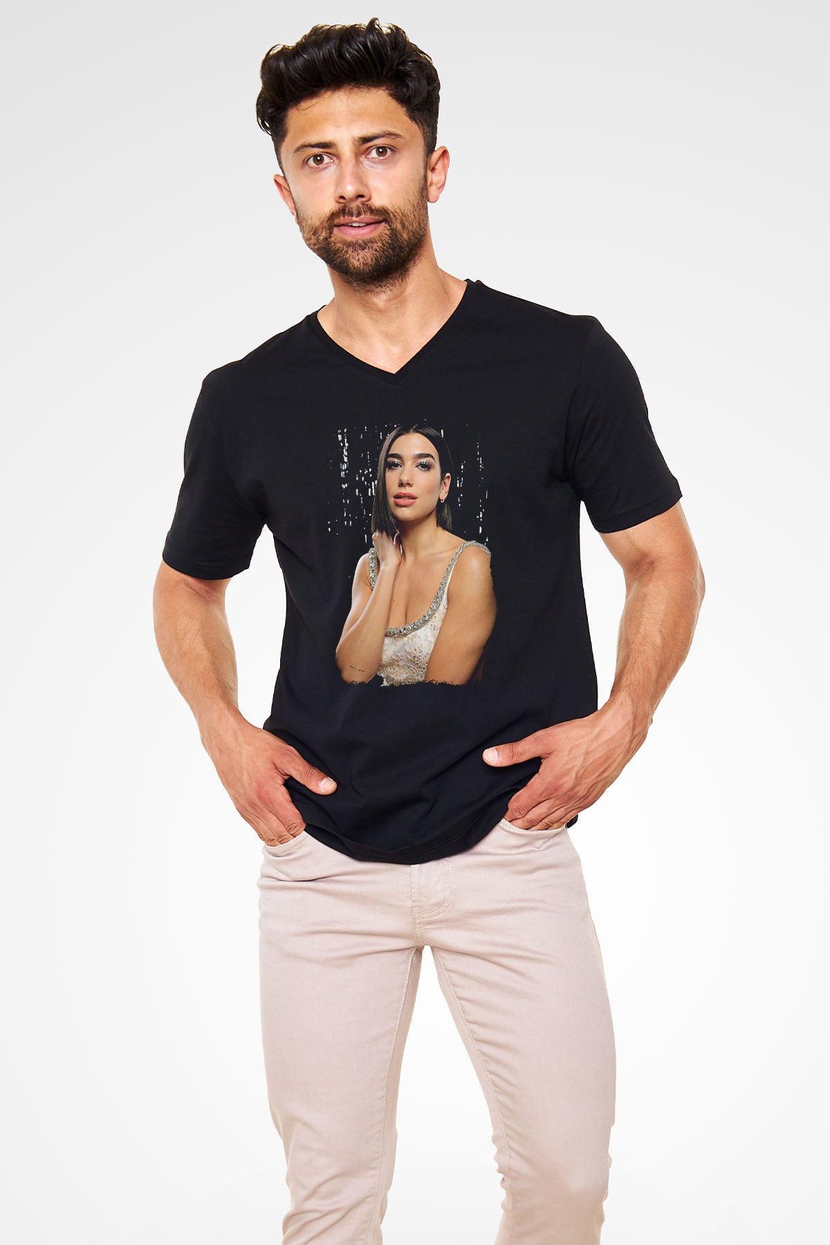 Dua Lipa Baskılı Unisex Siyah V Yaka Tişört - Tshirt