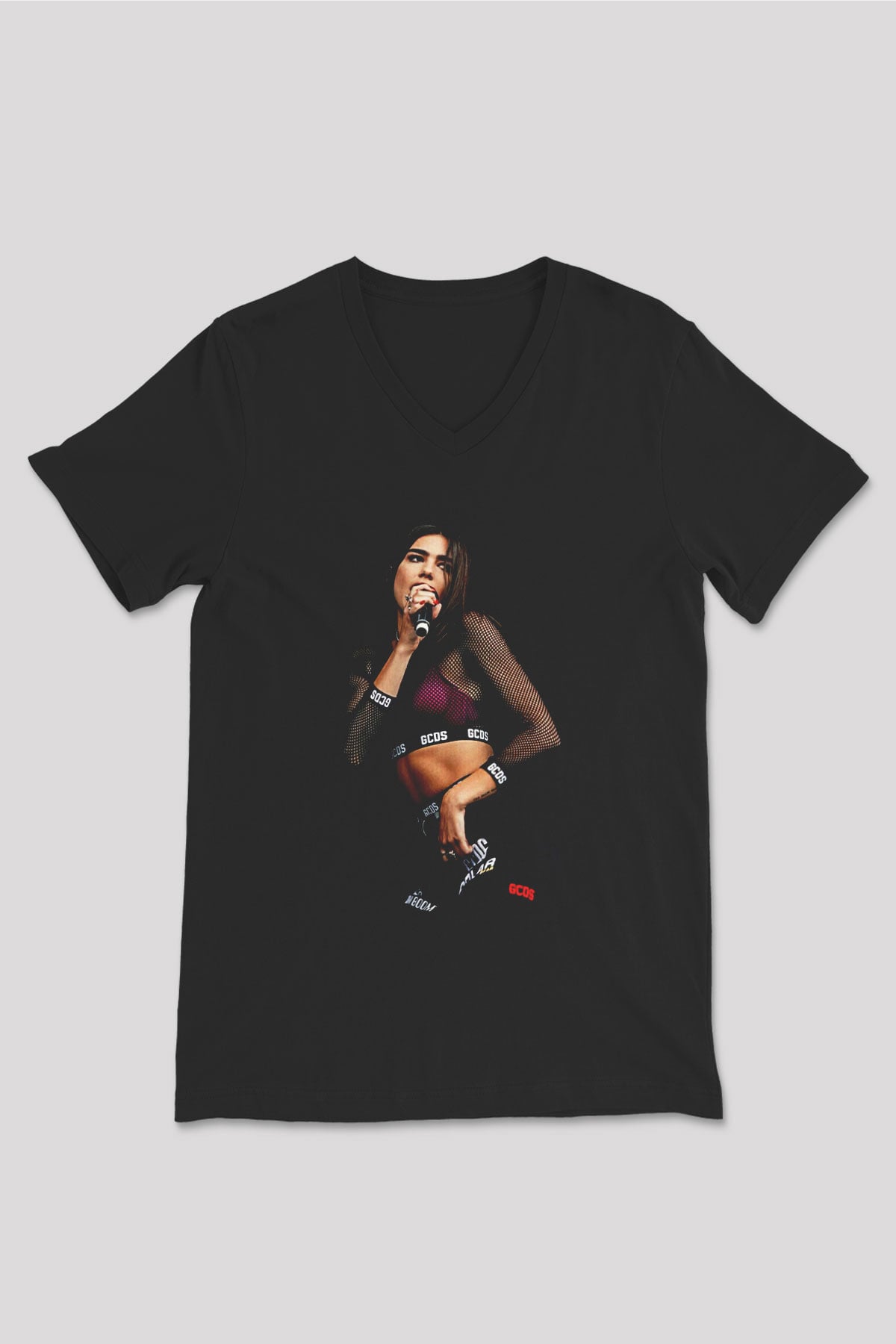Dua Lipa Baskılı Unisex Siyah V Yaka Tişört - Tshirt