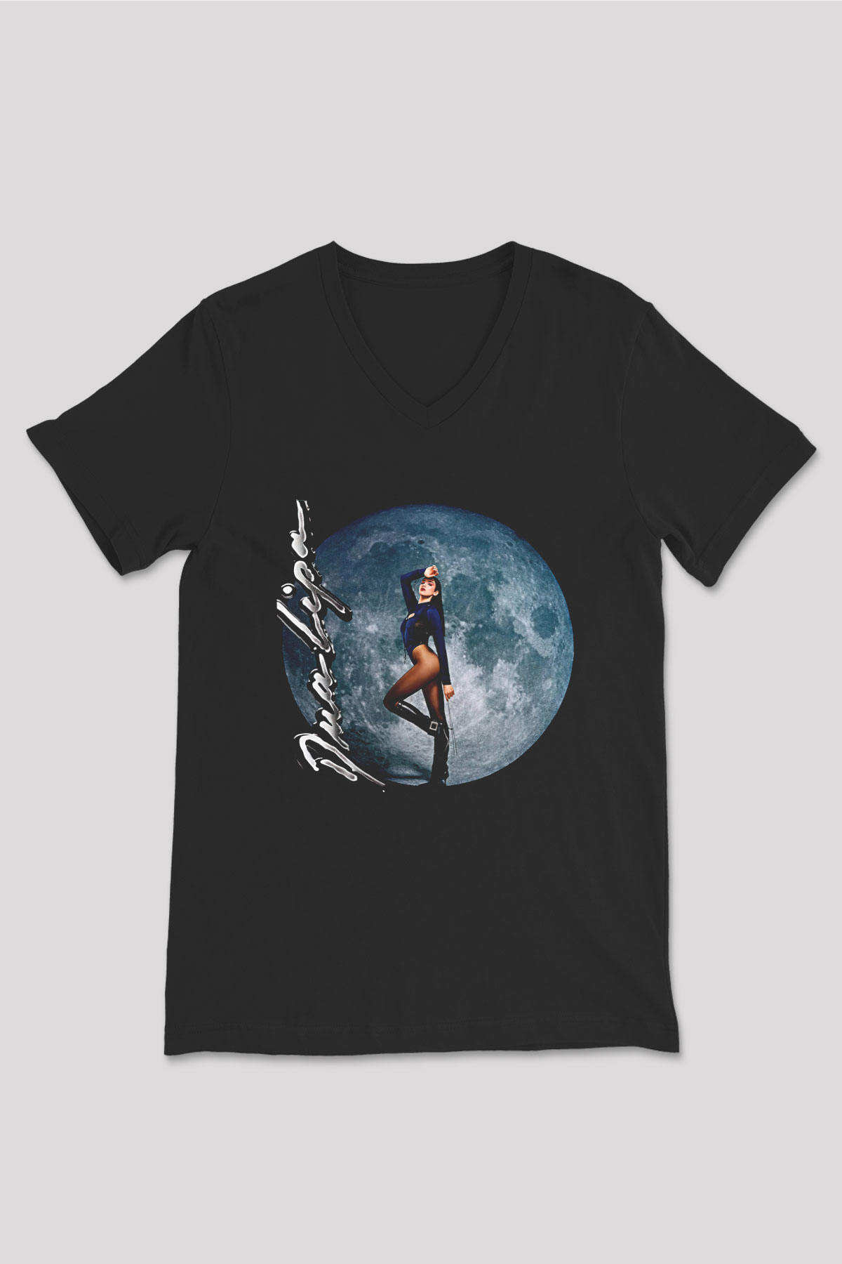 Dua Lipa Baskılı Unisex Siyah V Yaka Tişört - Tshirt