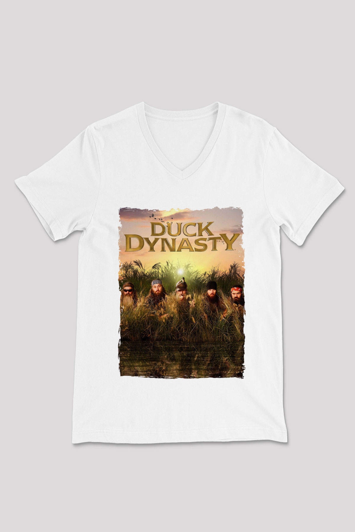 Duck Dynasty Beyaz Unisex V Yaka Tişört
