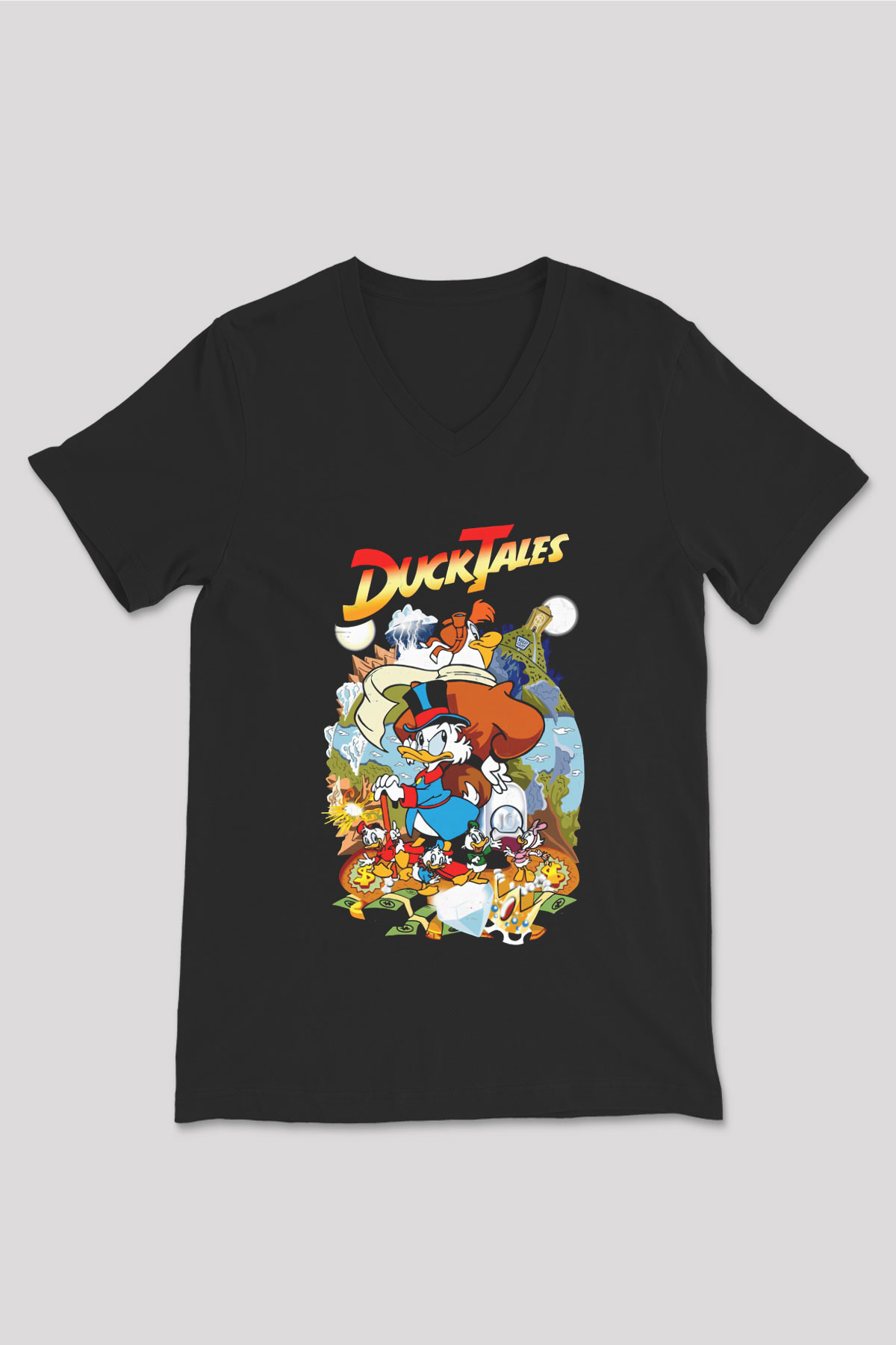 DuckTales Siyah Unisex  V Yaka Tişört