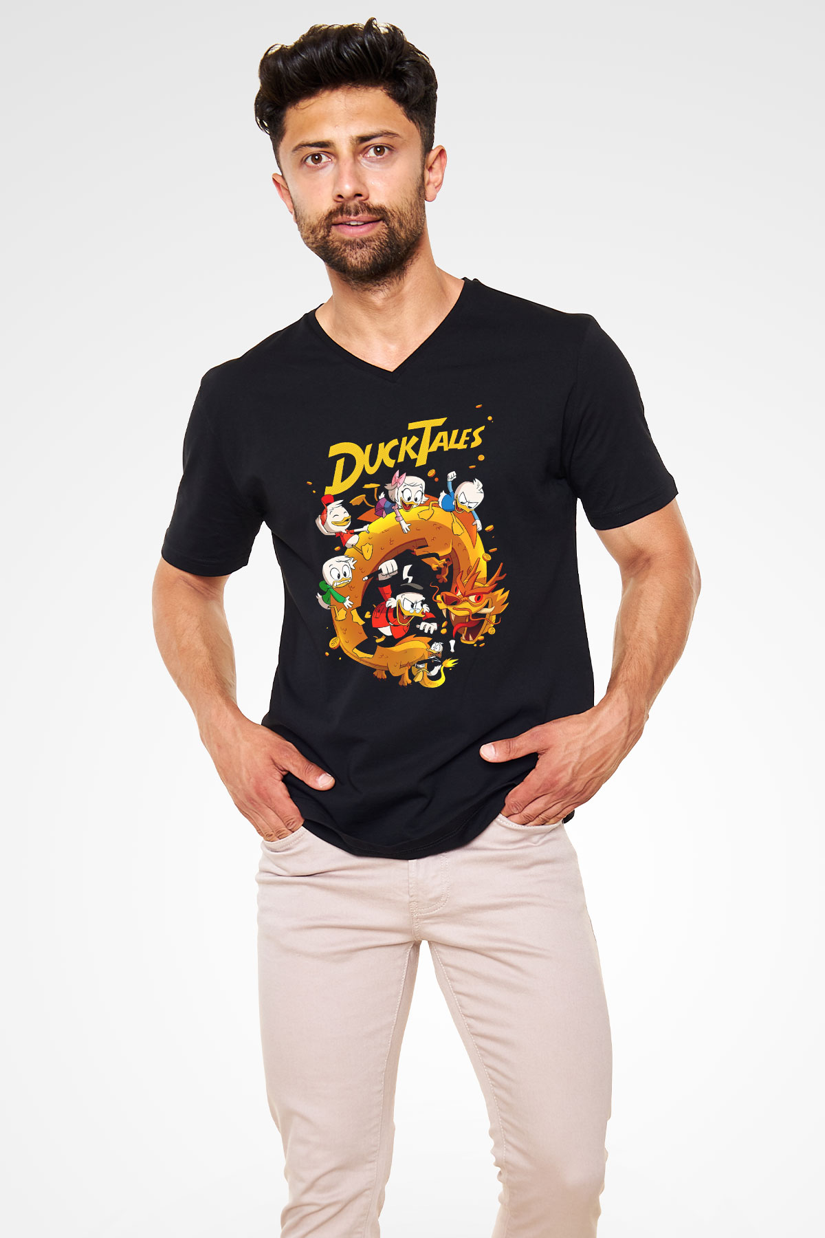 DuckTales Siyah Unisex  V Yaka Tişört