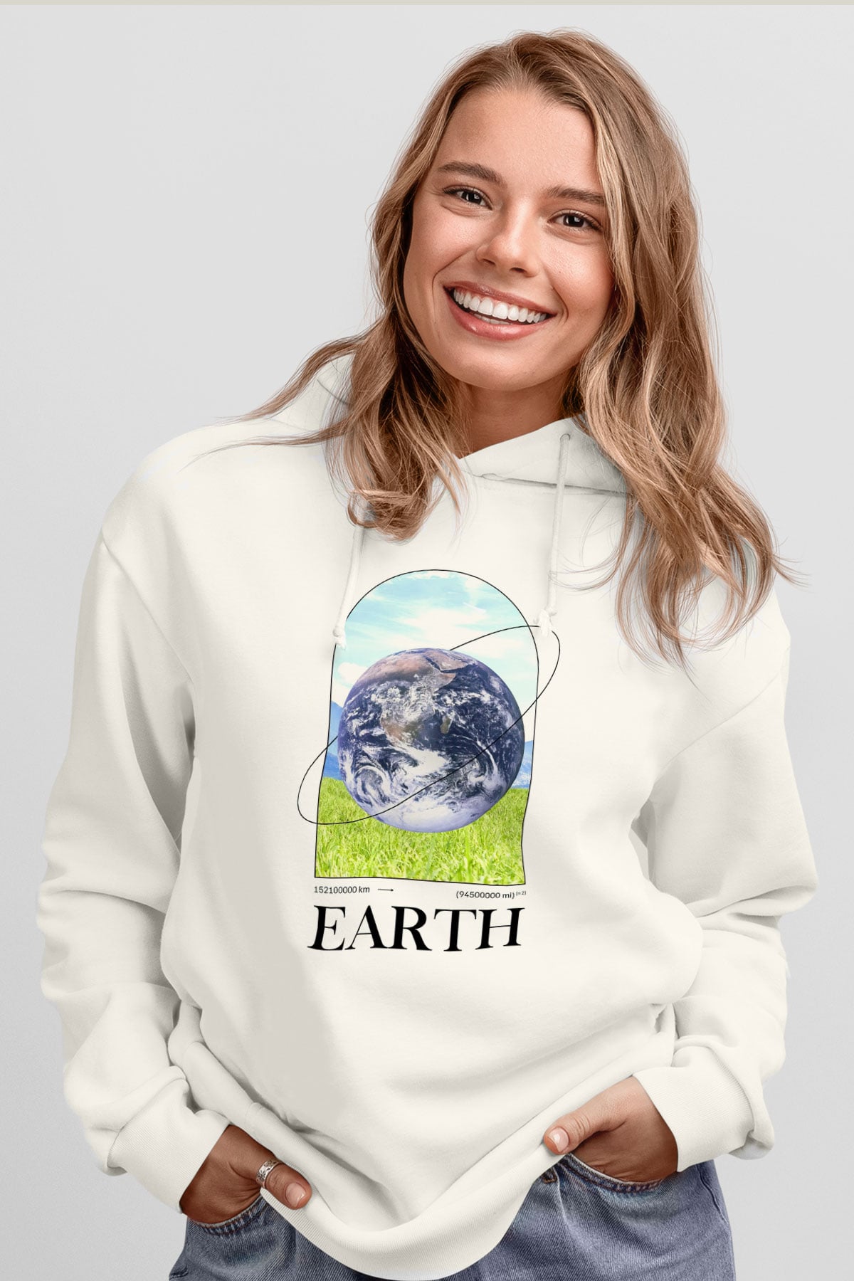 Dünya Baskılı Unisex Ekru Hoodie