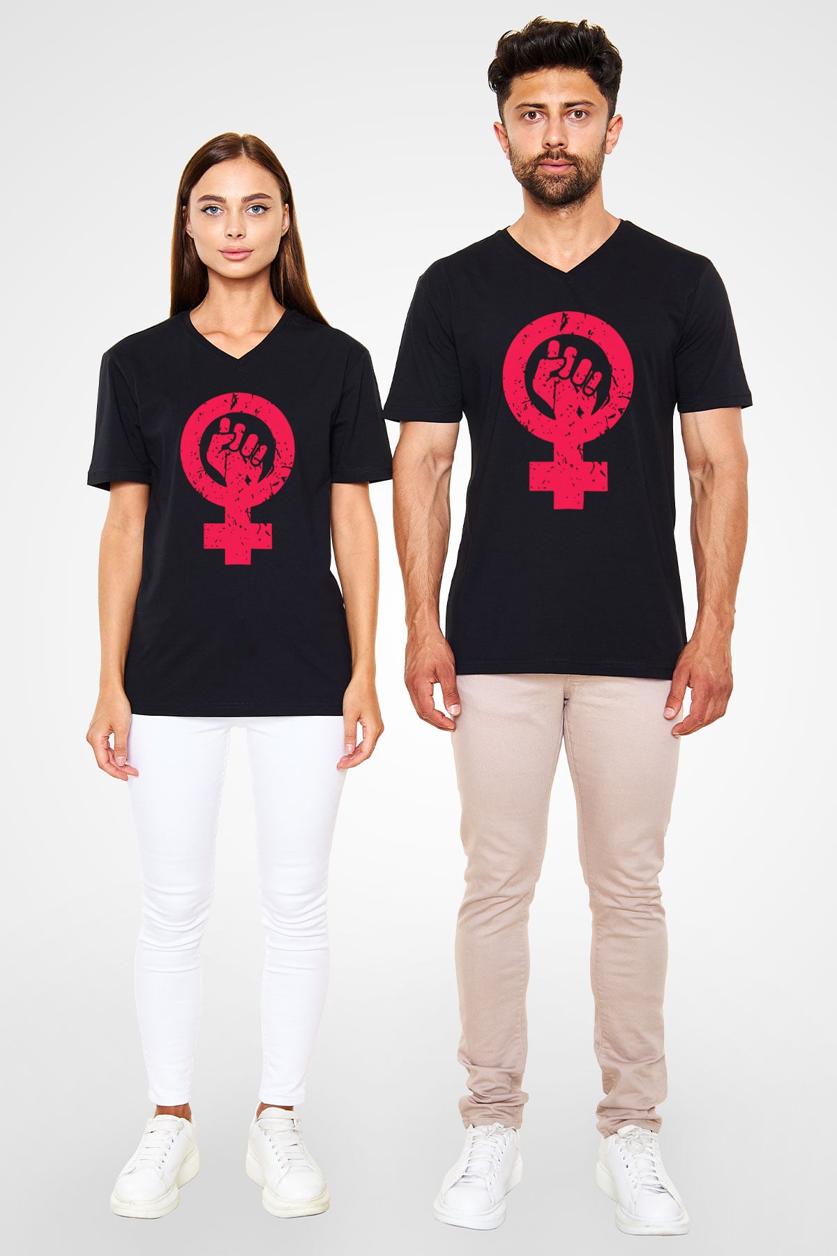 Dünya Kadınlar Günü Siyah Unisex V Yaka Tişört T-Shirt