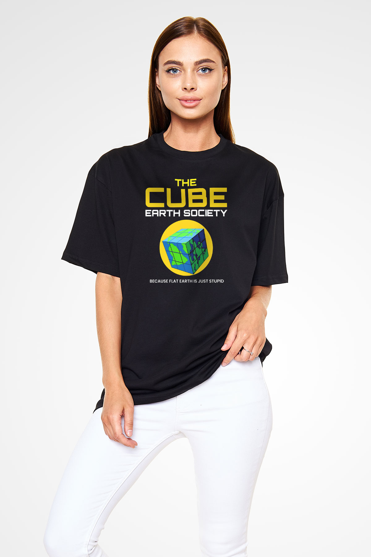 Dünya Küp Baskılı Unisex Oversize Tişört - Tshirt
