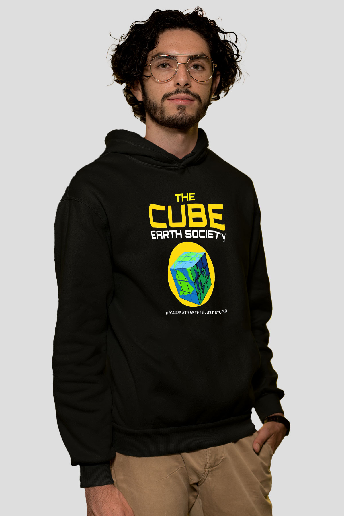 Dünya Küp Baskılı Unisex Siyah Hoodie