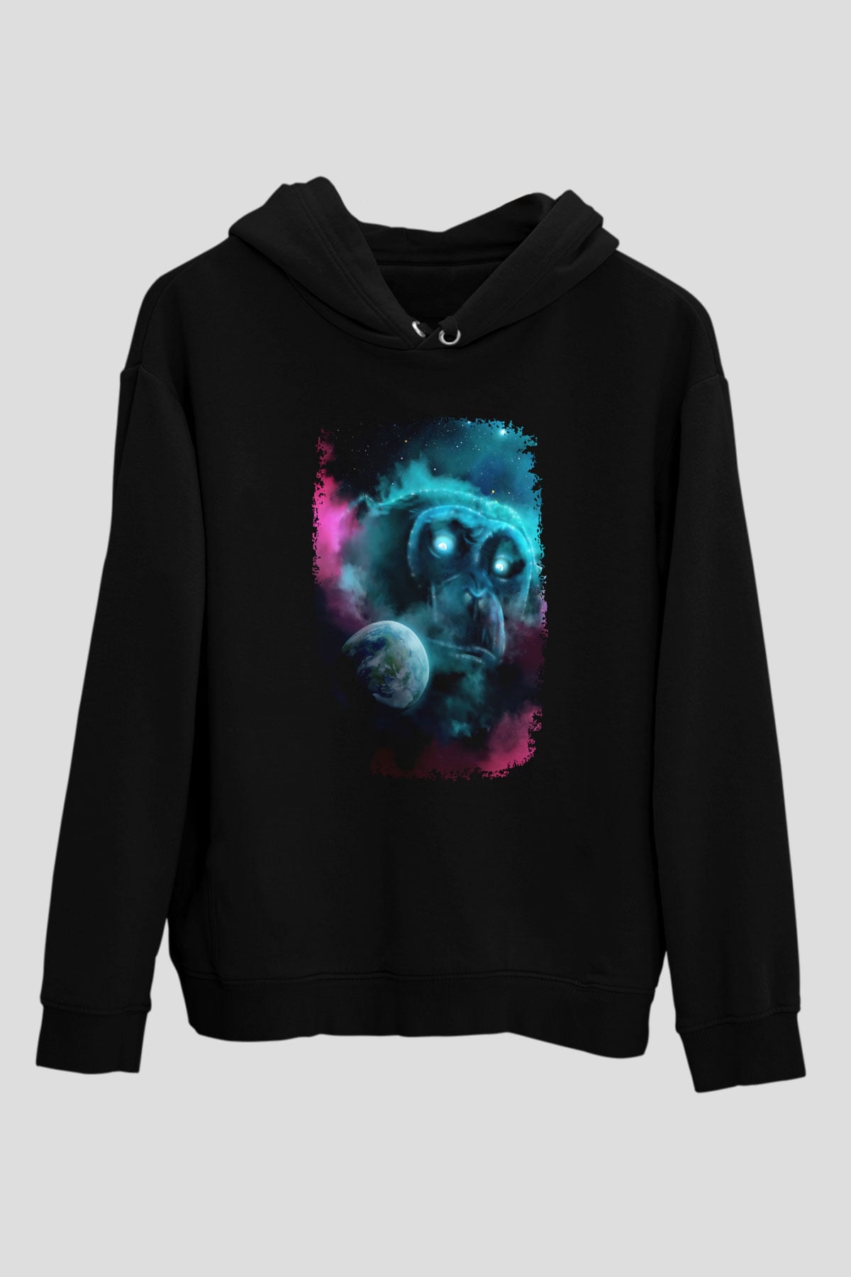 Dünya Maymun Baskılı Unisex Siyah Hoodie