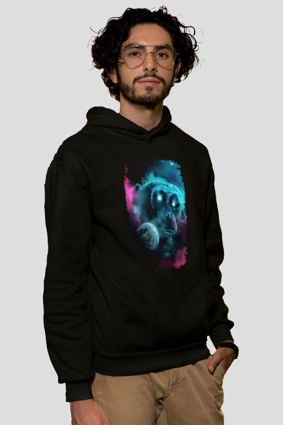 Dünya Maymun Baskılı Unisex Siyah Hoodie