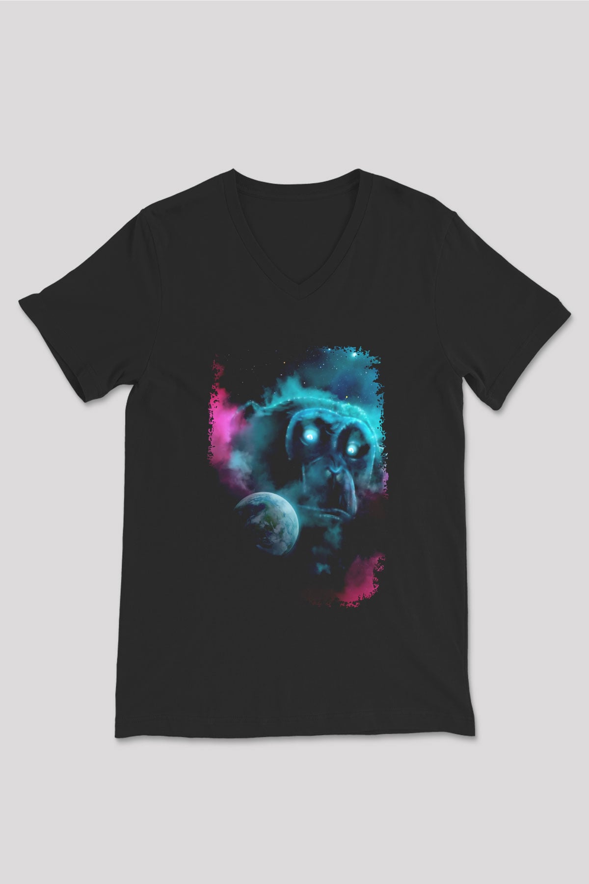 Dünya Maymun Baskılı Unisex V Yaka Siyah Tİşört - Tshirt