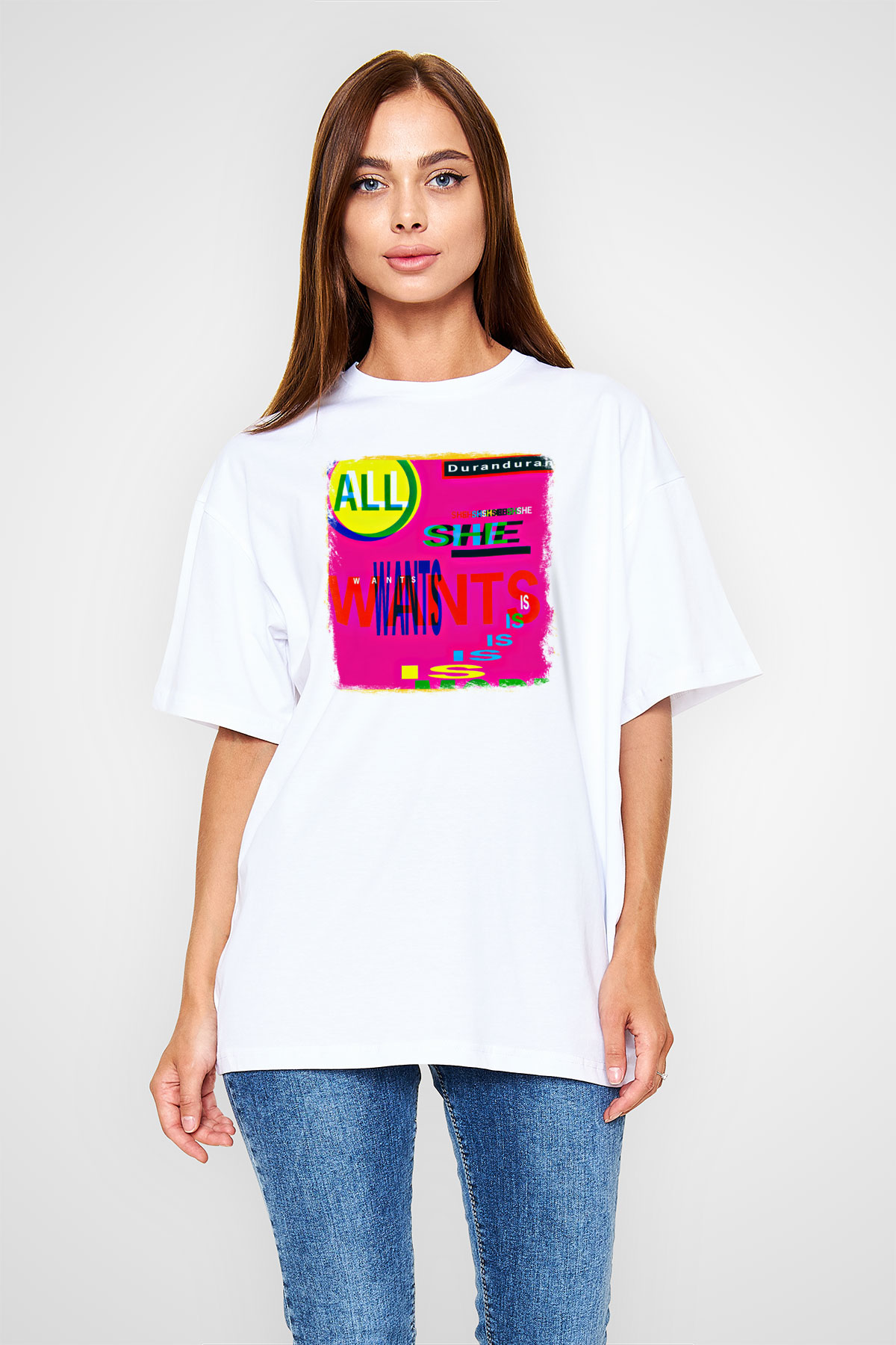 Duran Duran Baskılı Unisex Beyaz Oversize Tişört