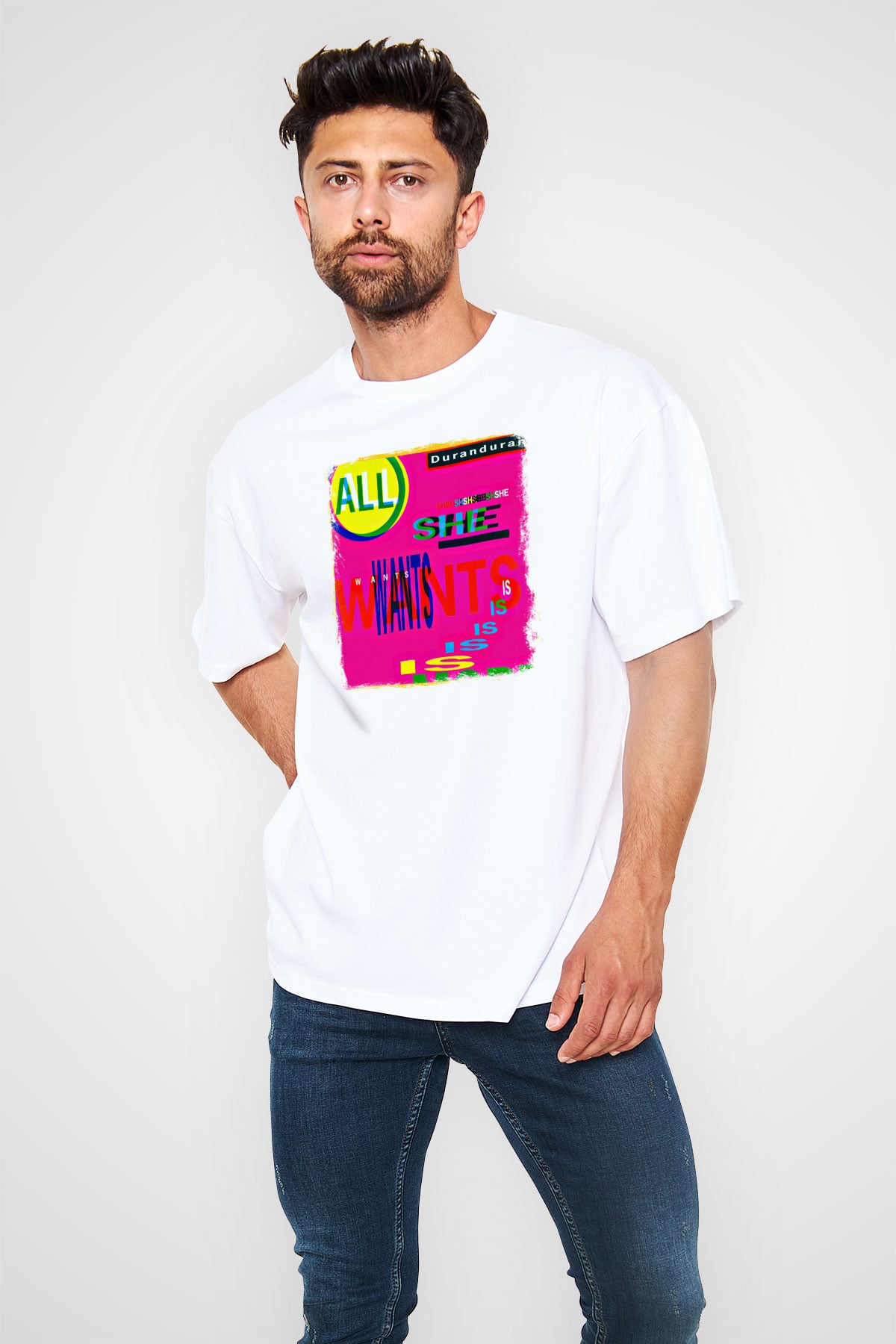 Duran Duran Baskılı Unisex Beyaz Oversize Tişört