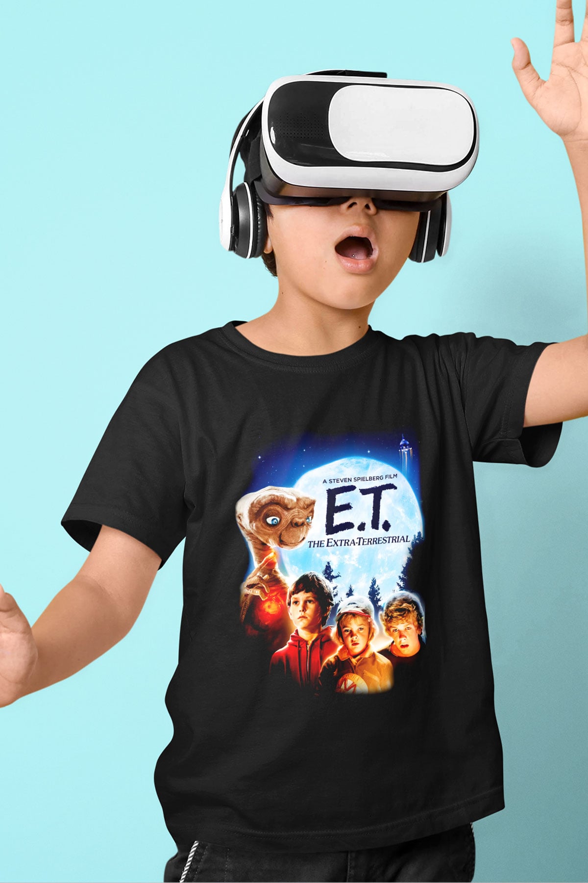 E.T. Baskılı Siyah Unisex Çocuk Tişört