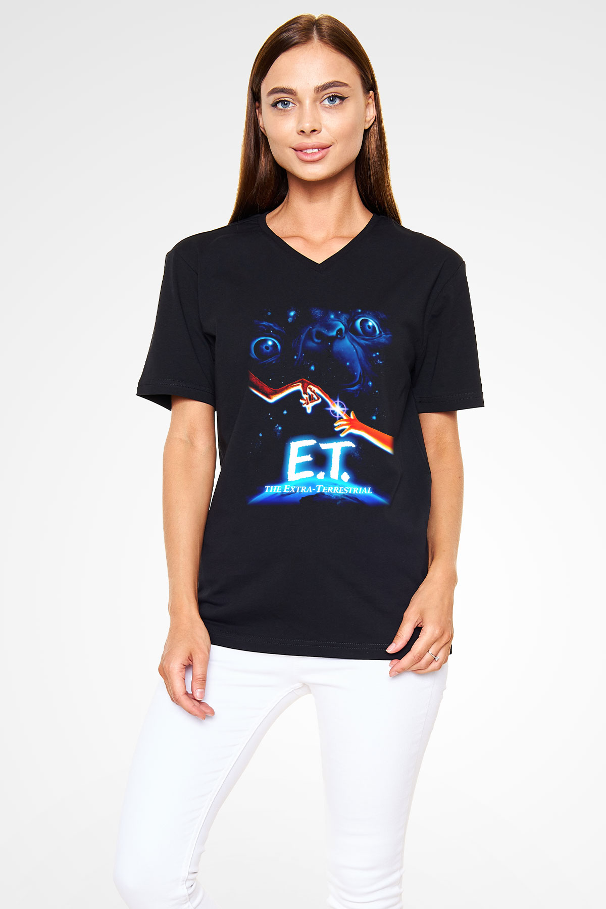 E.T. Siyah Unisex V Yaka Tişört