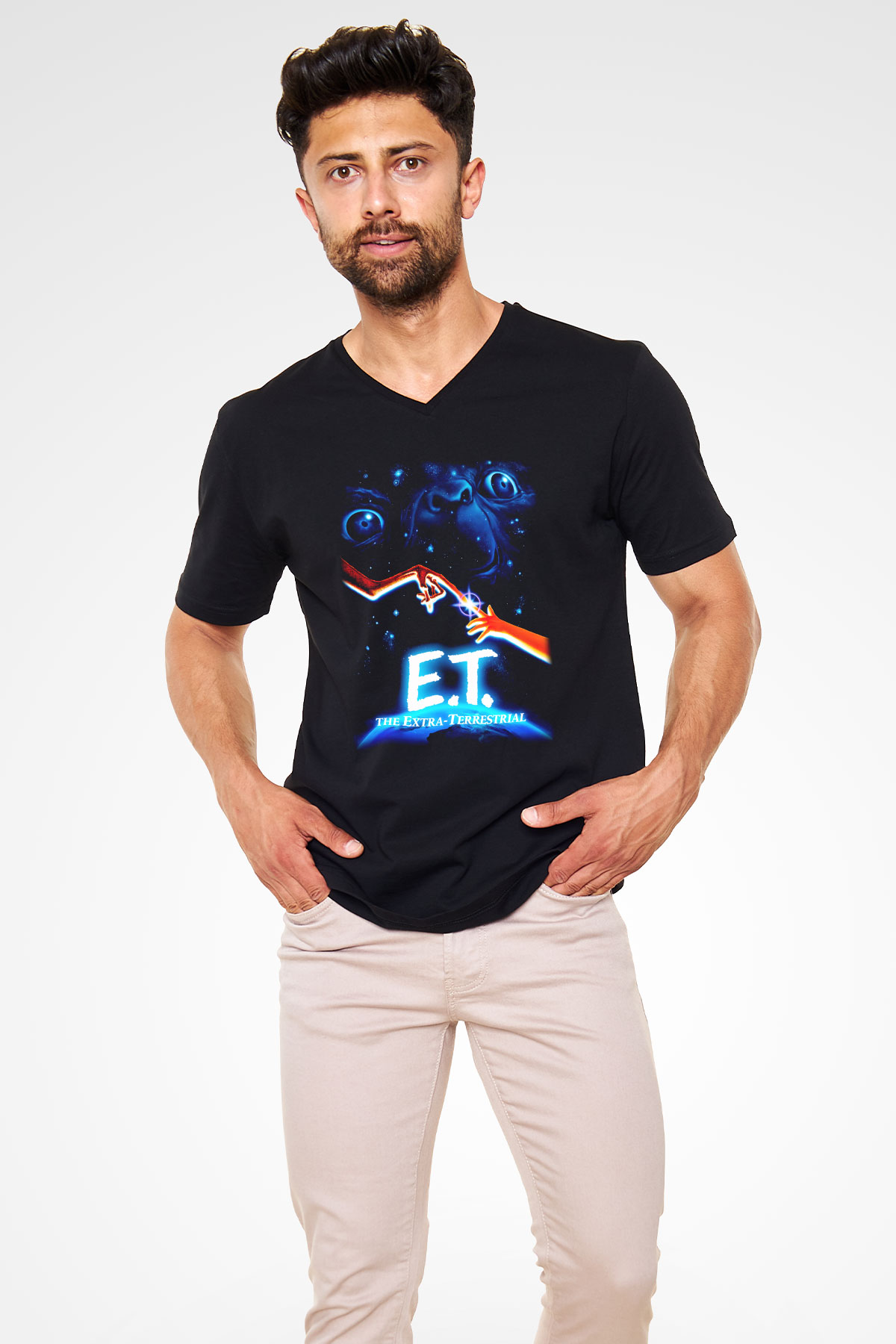 E.T. Siyah Unisex V Yaka Tişört
