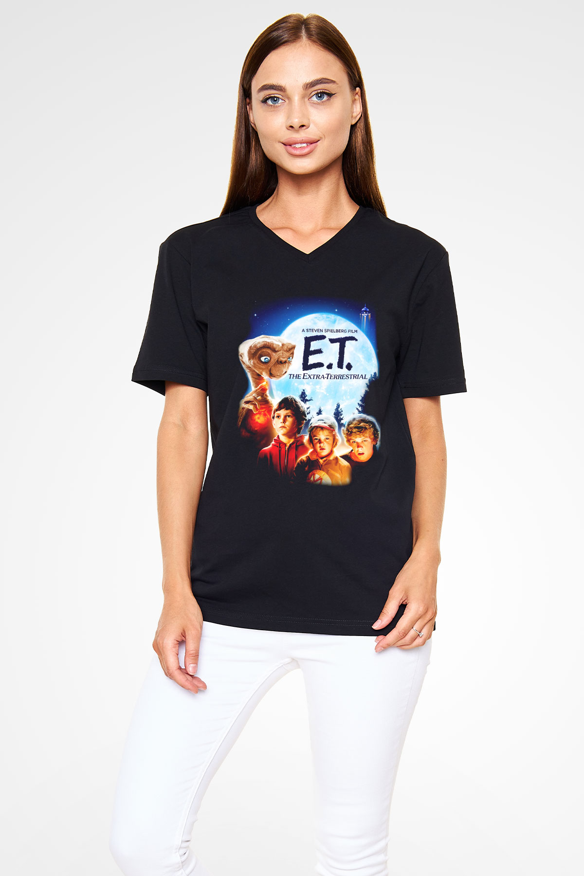 E.T. Siyah Unisex V Yaka Tişört