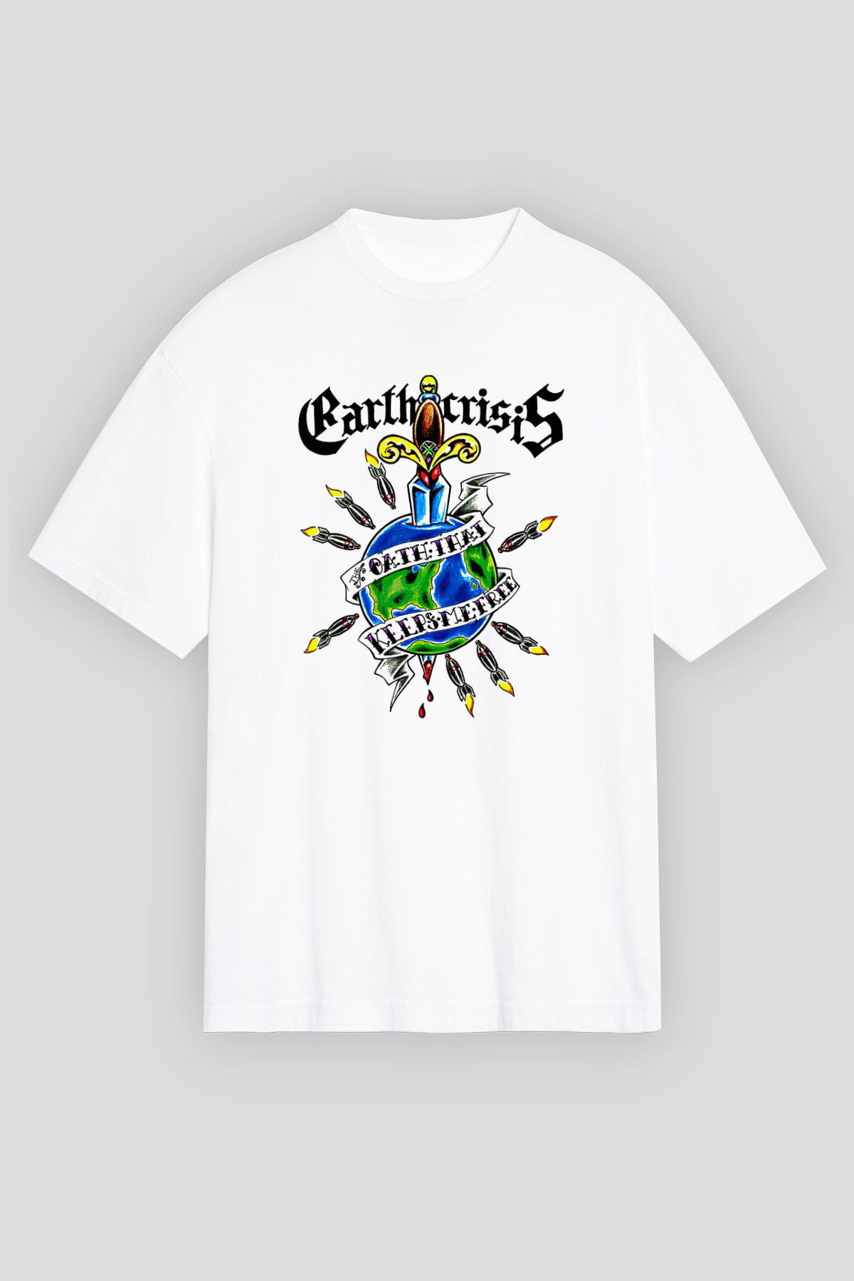 Earth Crisis Baskılı Beyaz Unisex Oversize Tişört - Tshirt