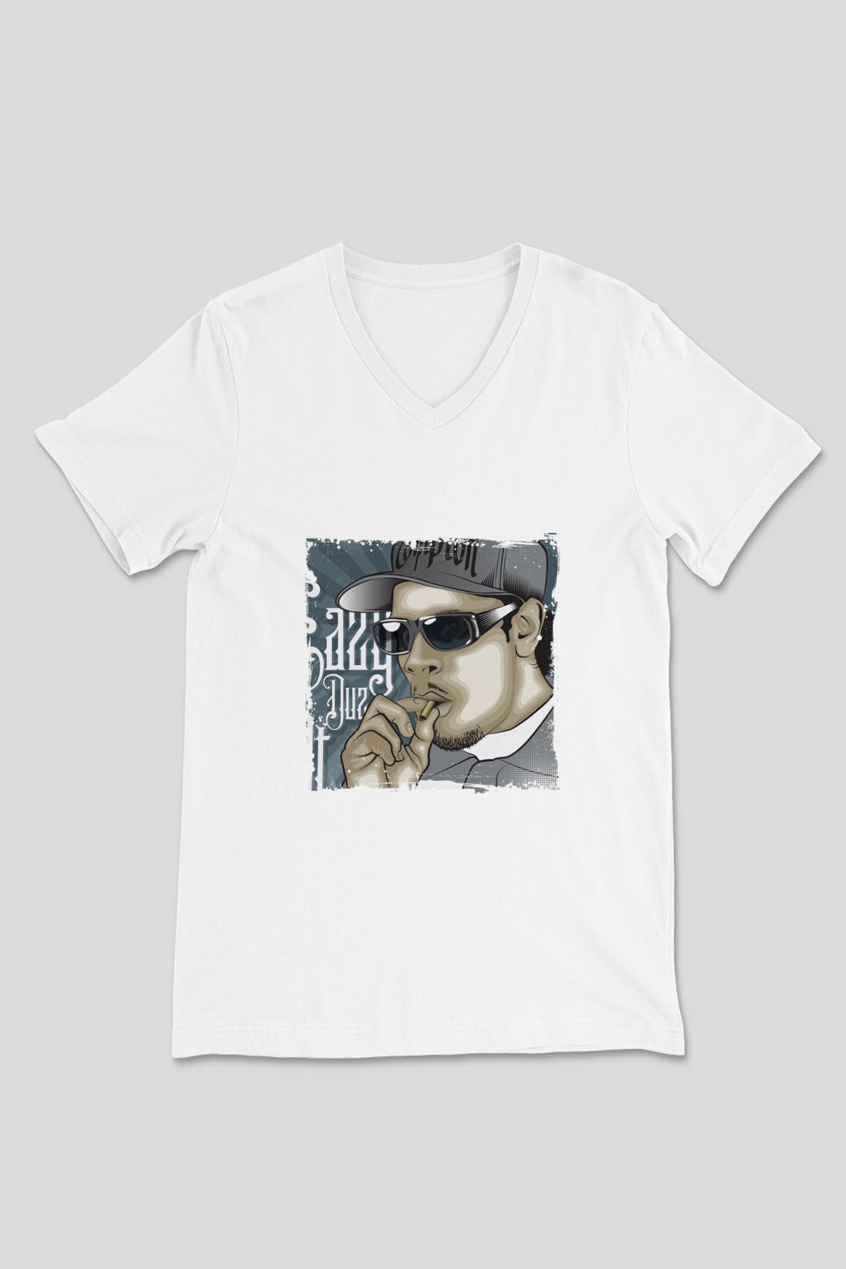 Eazy-E Baskılı Beyaz V Yaka Unisex Tişört