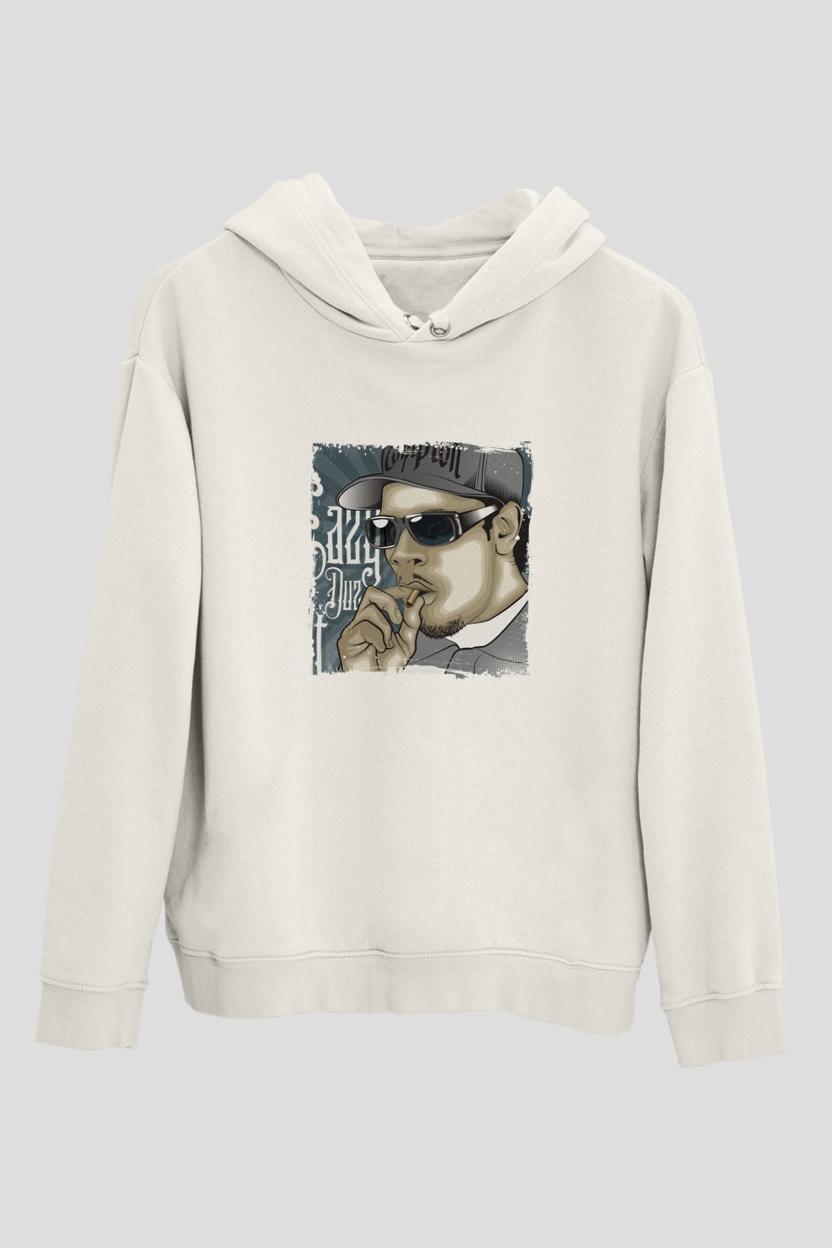Eazy-E Baskılı Unisex Beyaz Kapüşonlu Sweatshirt