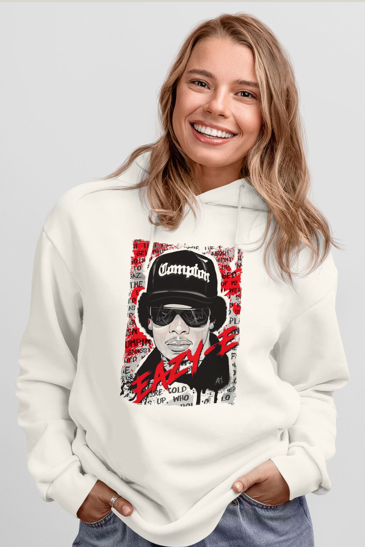 Eazy-E Beyaz Unisex Kapüşonlu Sweatshirt