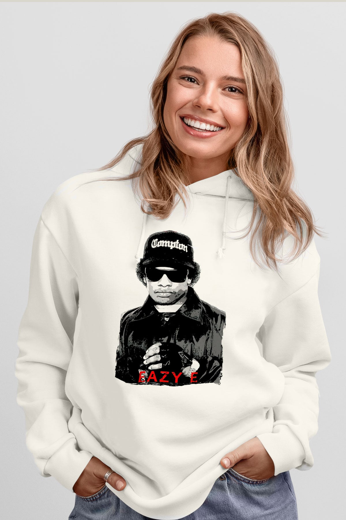 Eazy-E Beyaz Unisex Kapüşonlu Sweatshirt