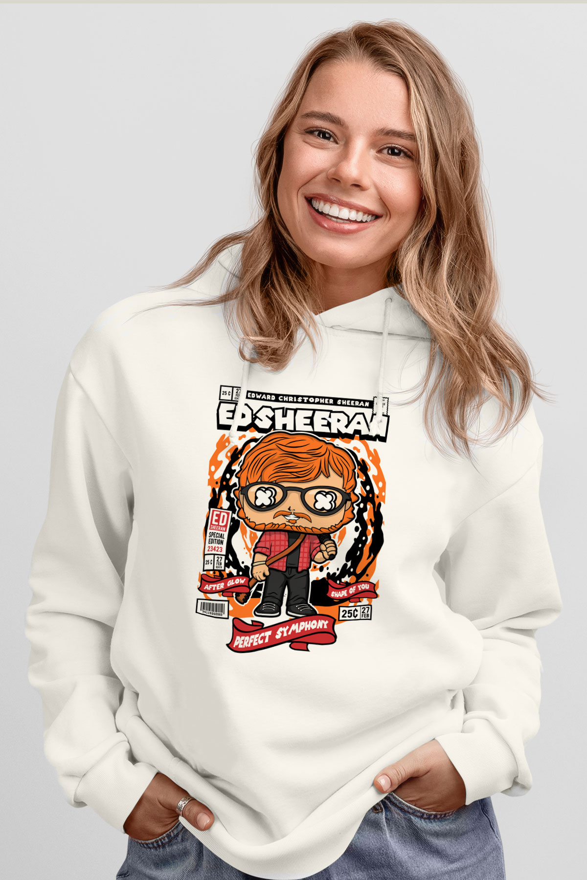 Ed Sheeran Baskılı Unisex Beyaz Hoodie