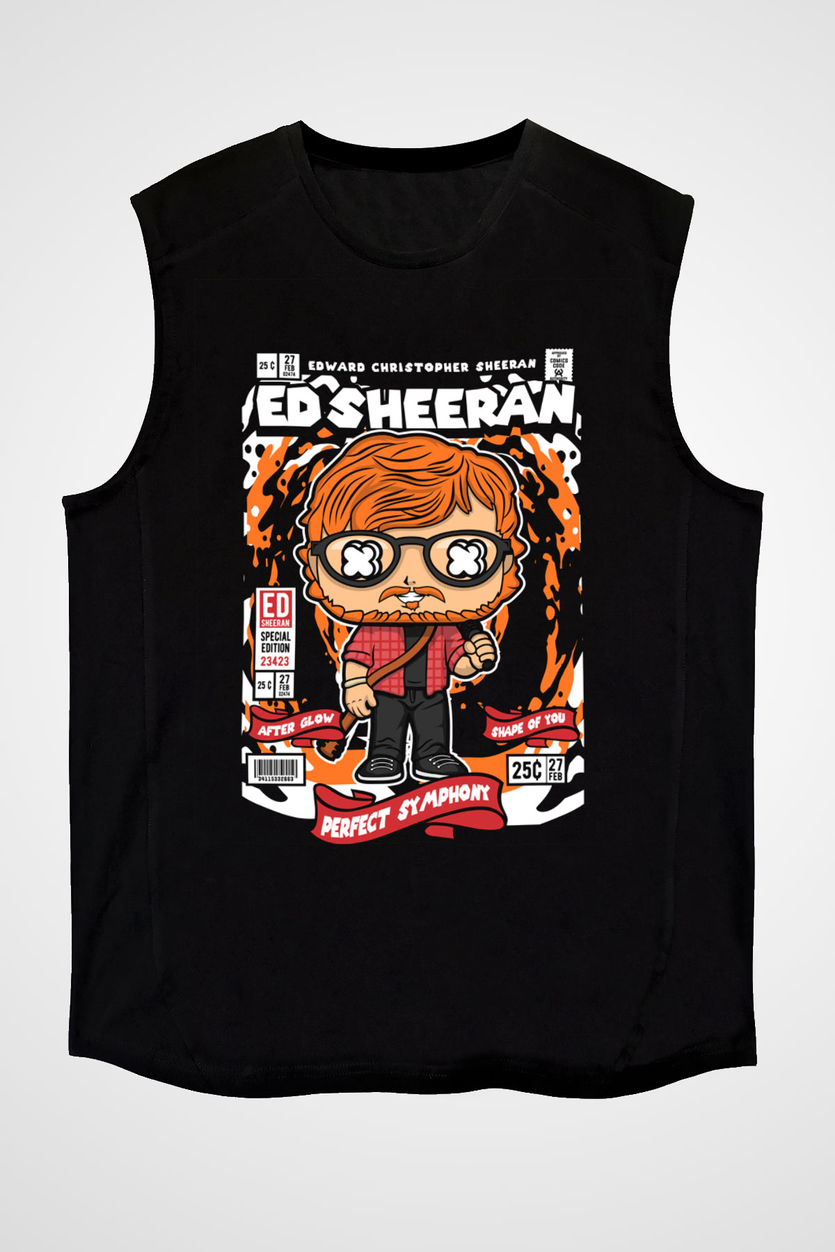Ed Sheeran Baskılı Unisex Siyah Kolsuz Tişört