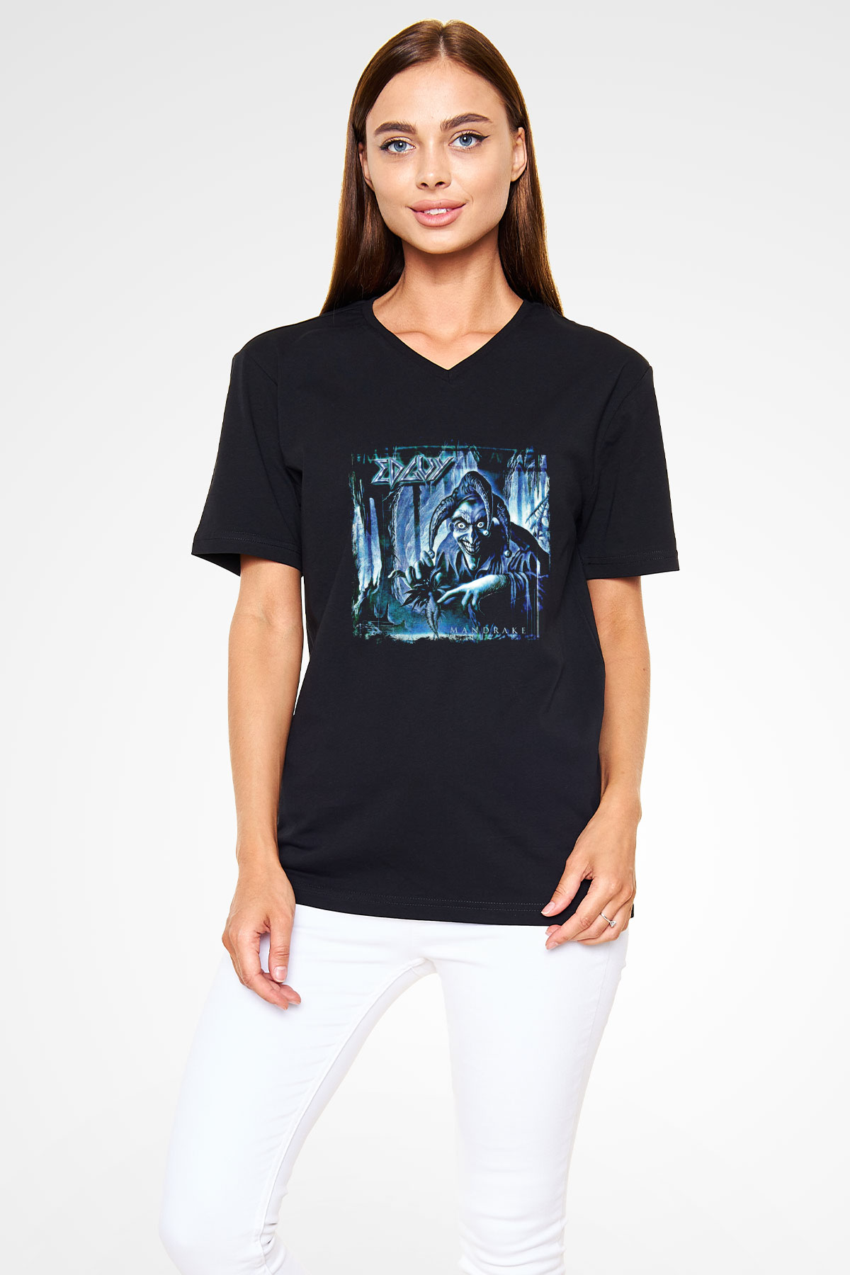 Edguy Baskılı Unisex Siyah V Yaka Tişört