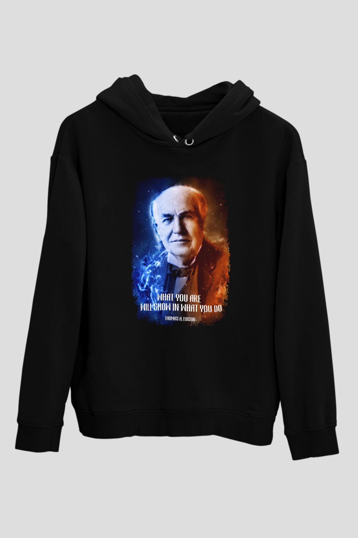 Edison Alıntı Baskılı Unisex Siyah Hoodie