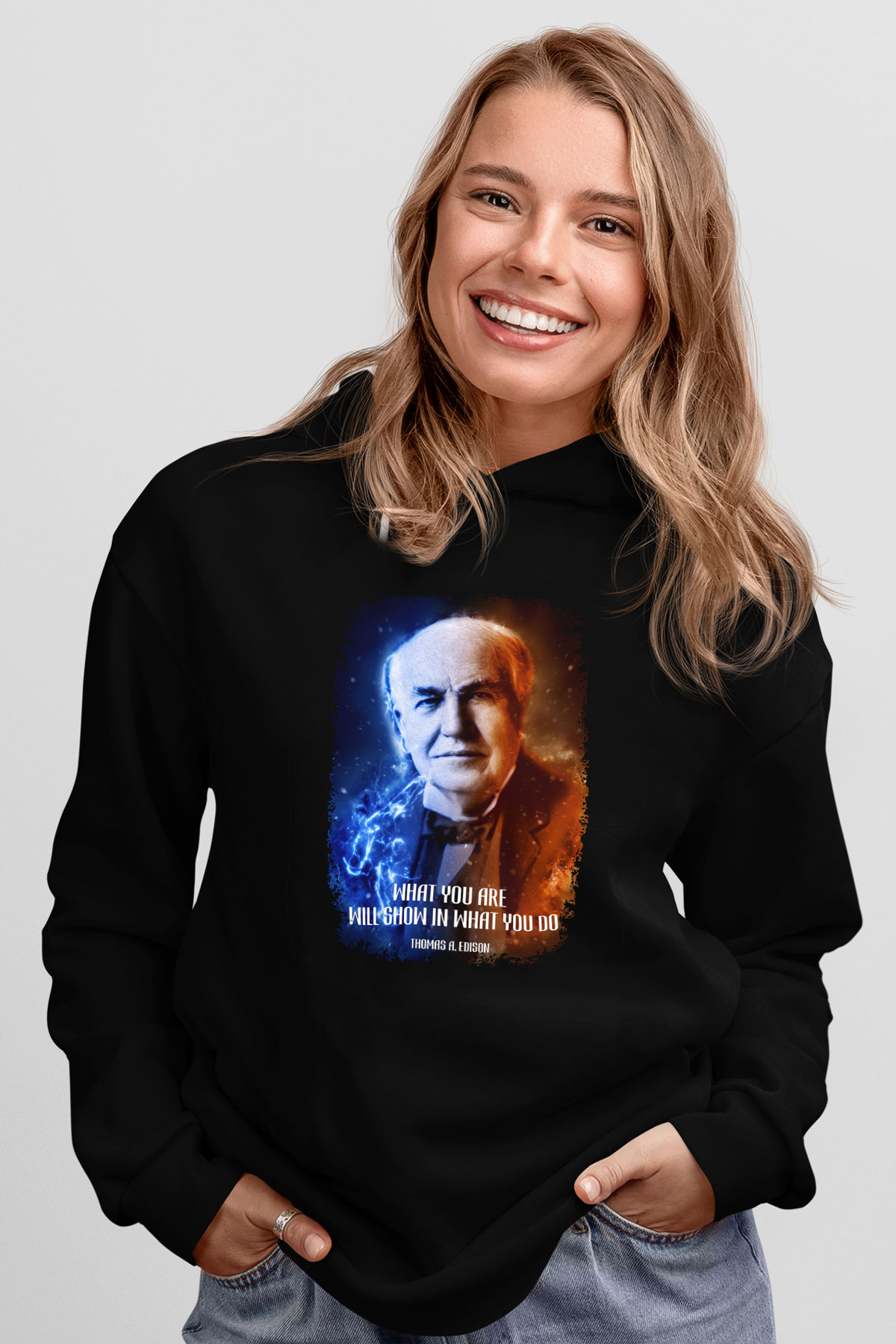 Edison Alıntı Baskılı Unisex Siyah Hoodie