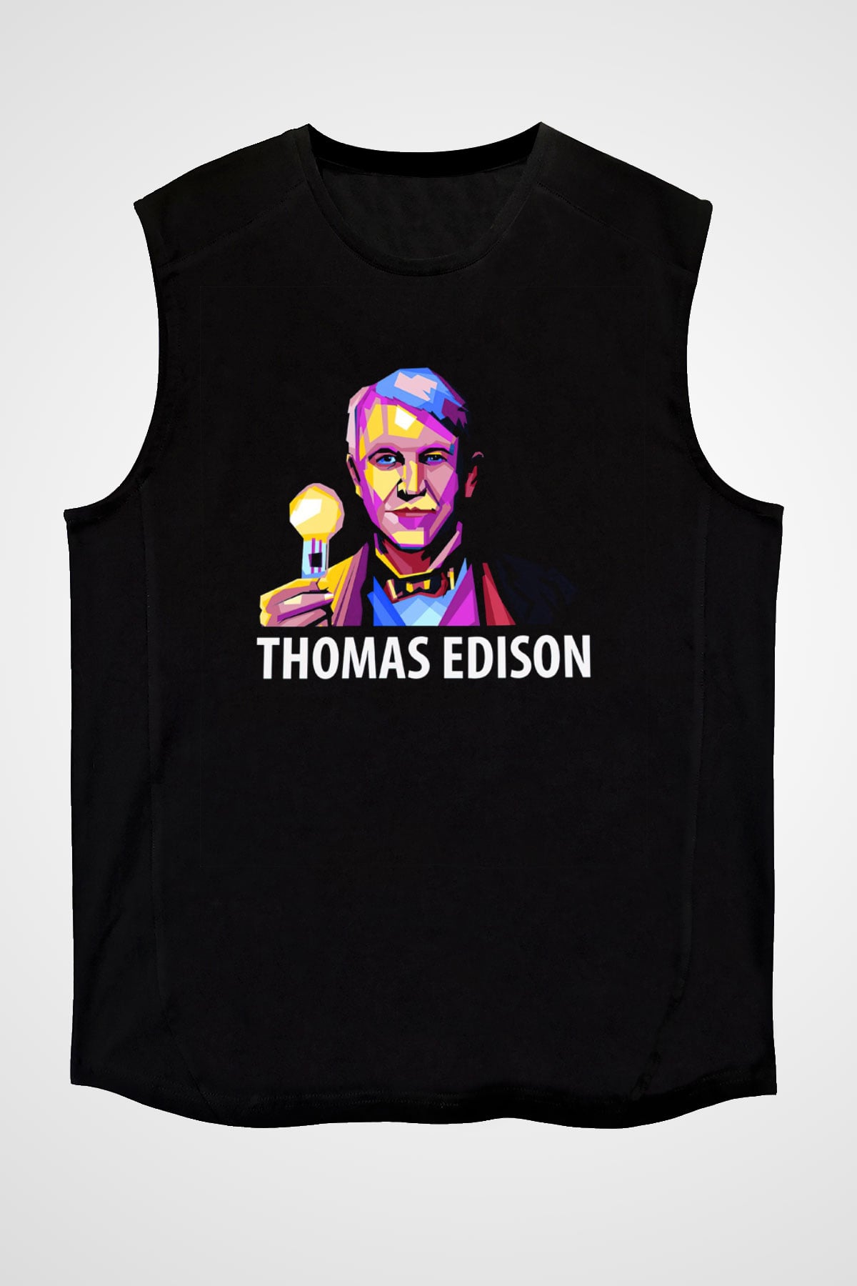 Edison Ampul Baskılı Unisex Kolsuz Siyah Tişört - Tshirt