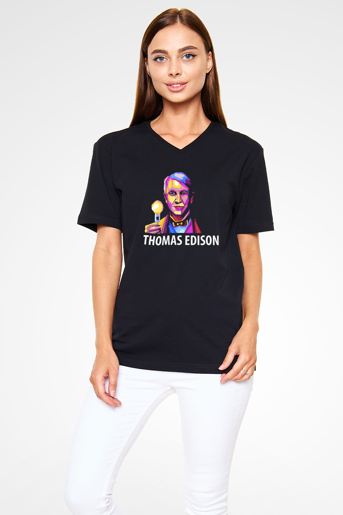 Edison Ampul Baskılı Unisex V Yaka Siyah Tİşört - Tshirt