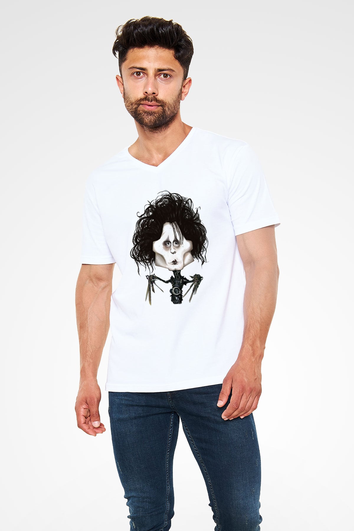 Edward Scissorhands Beyaz Unisex V Yaka Tişört