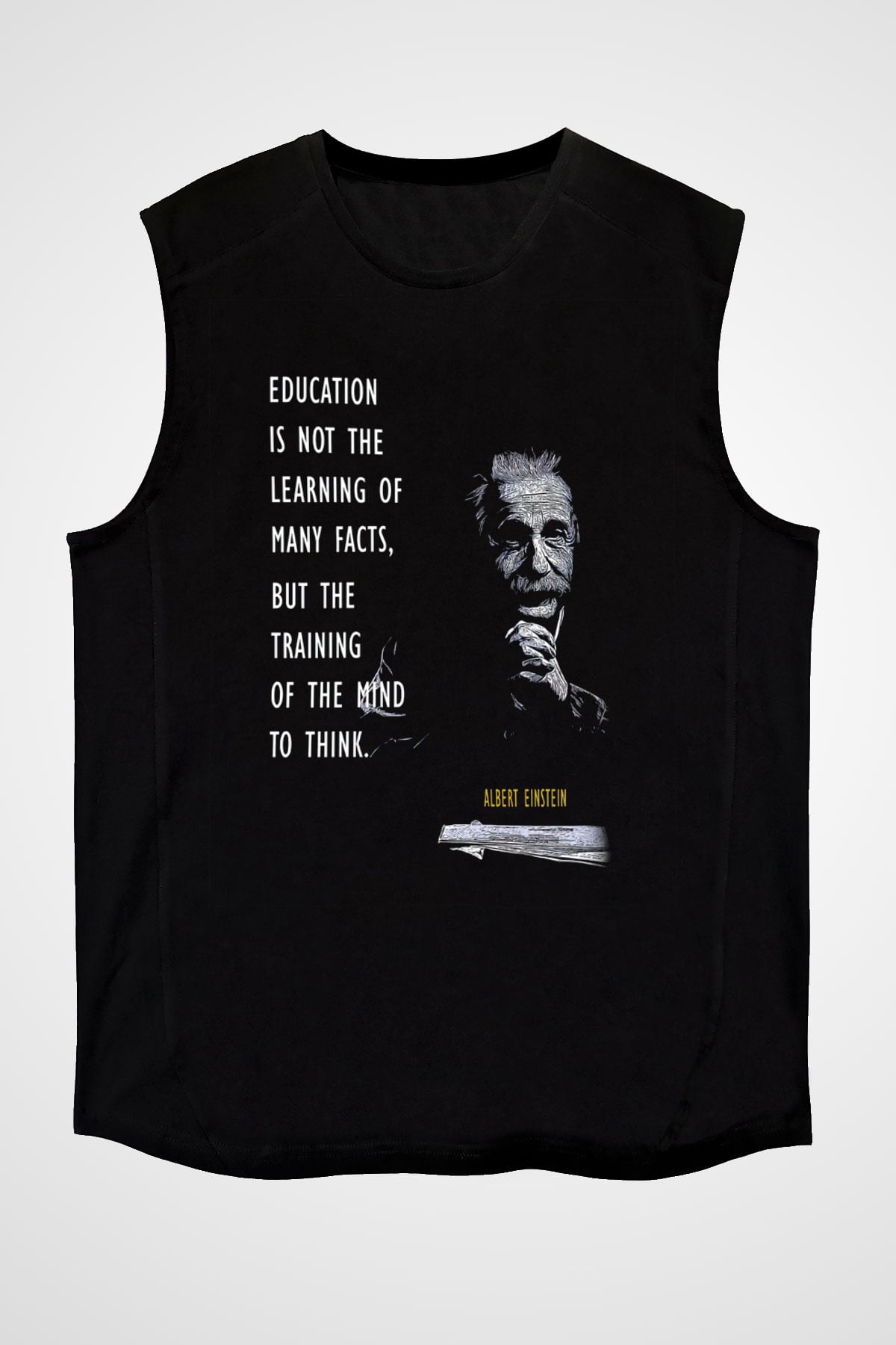 Einstein Alıntı Baskılı Unisex Kolsuz Siyah Tişört - Tshirt