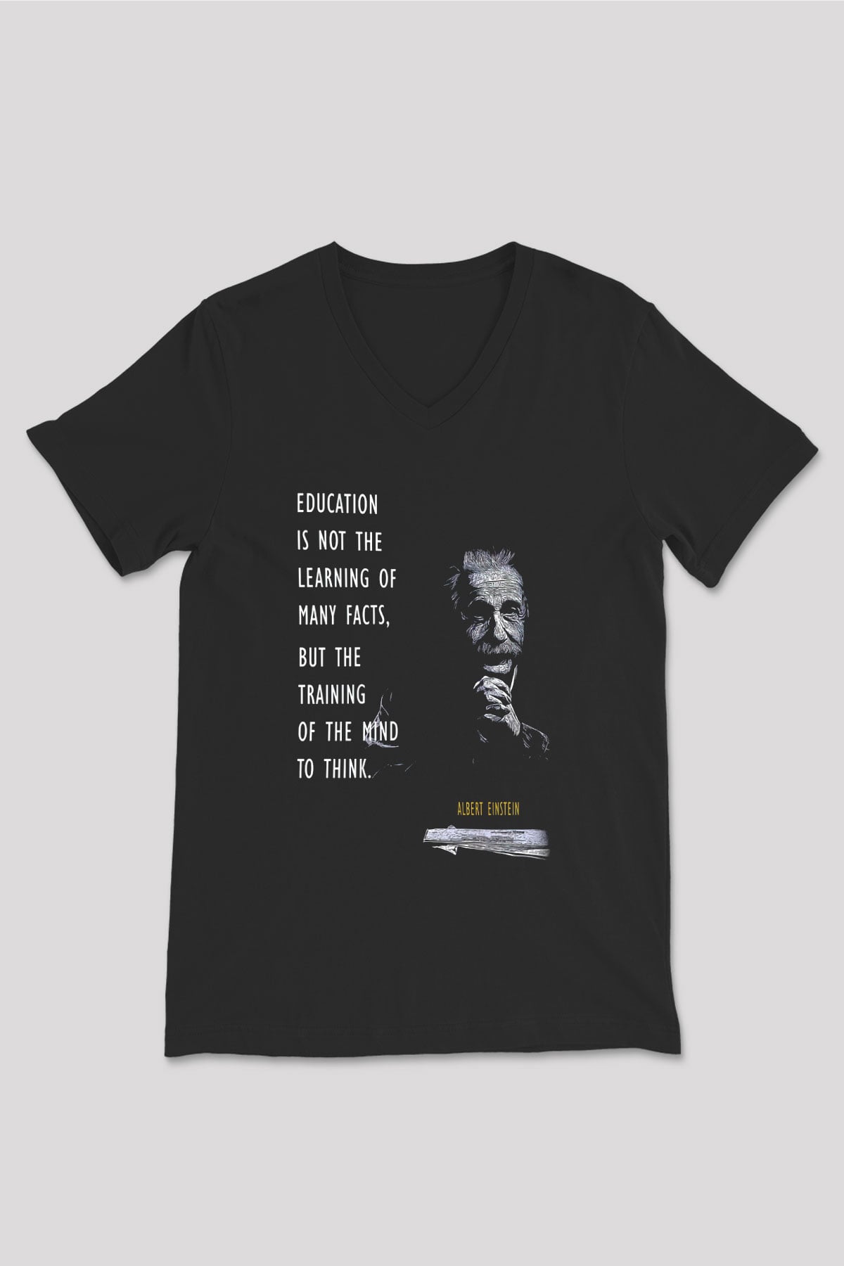 Einstein Alıntı Baskılı Unisex V Yaka Siyah Tİşört - Tshirt