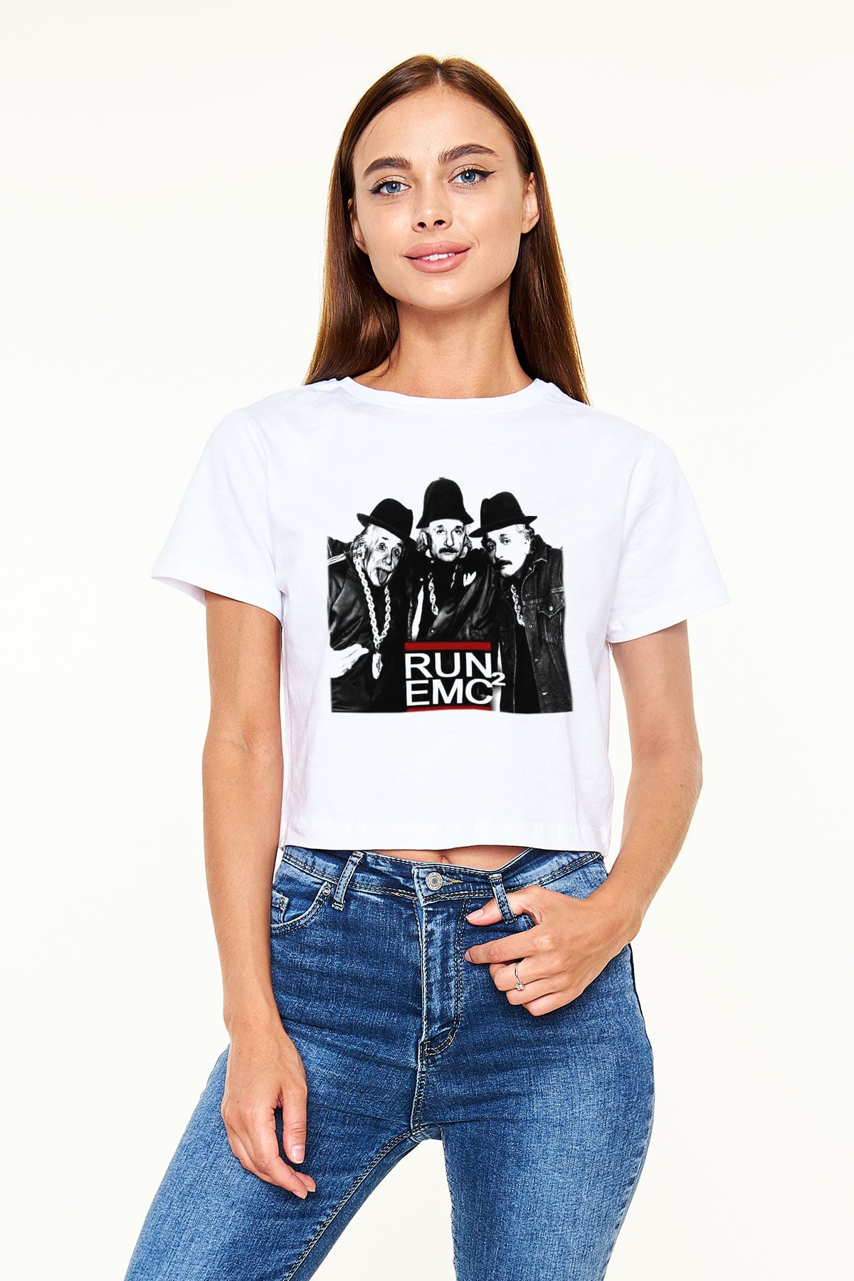 Einstein Beyaz Croptop Tişört