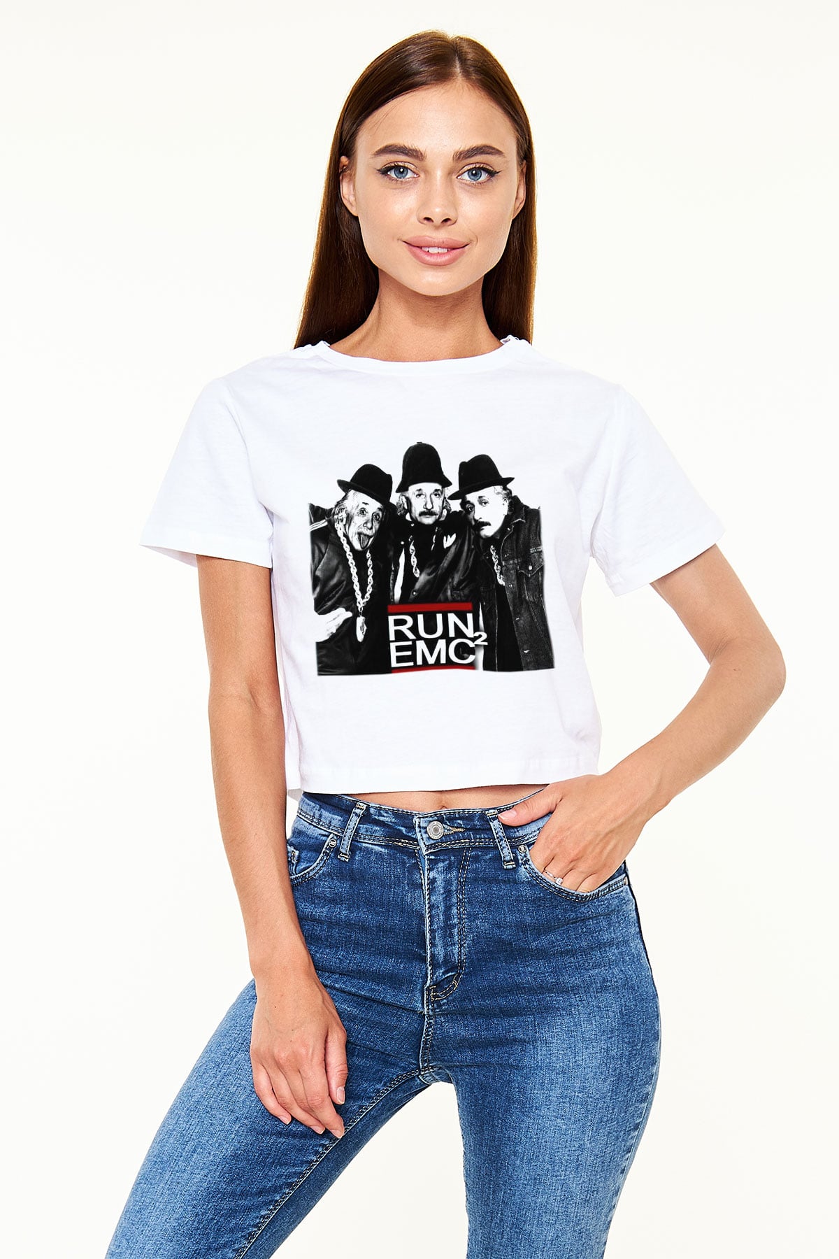 Einstein Beyaz Croptop Tişört