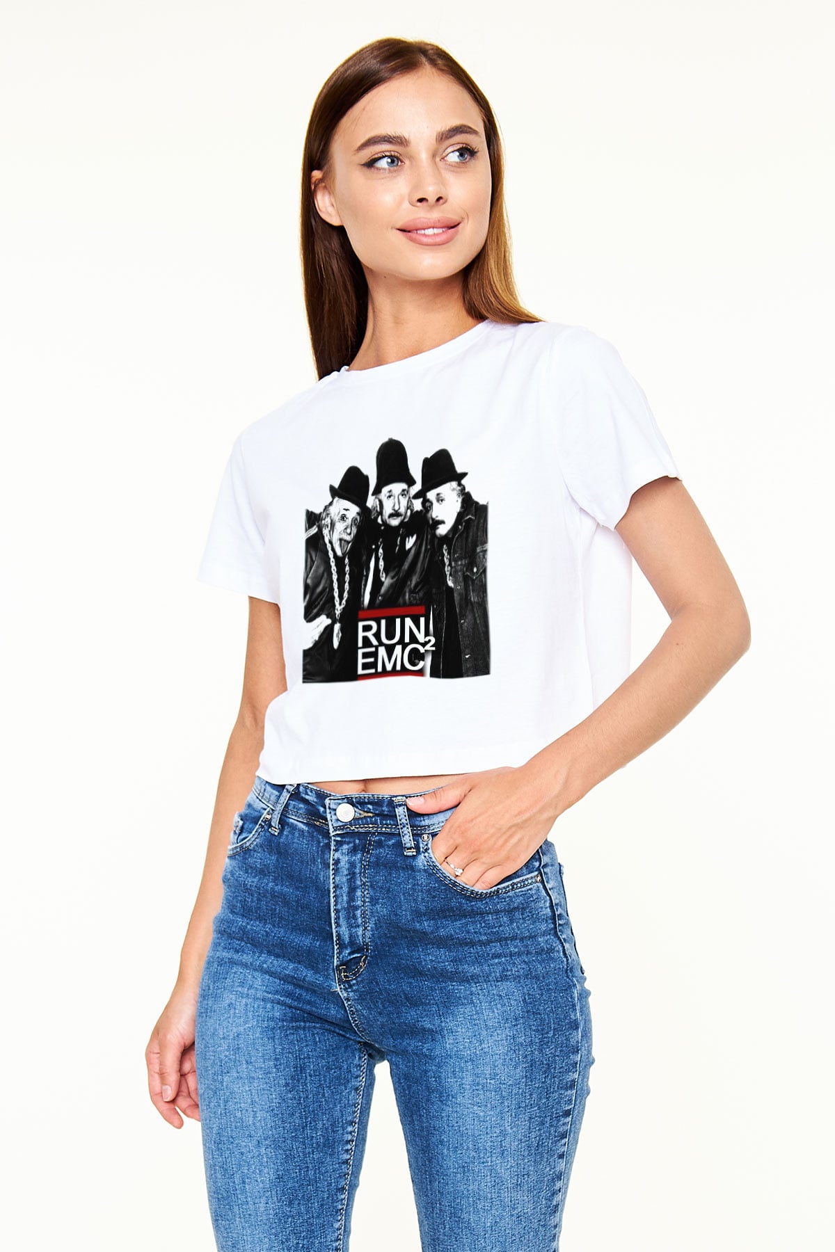Einstein Beyaz Croptop Tişört
