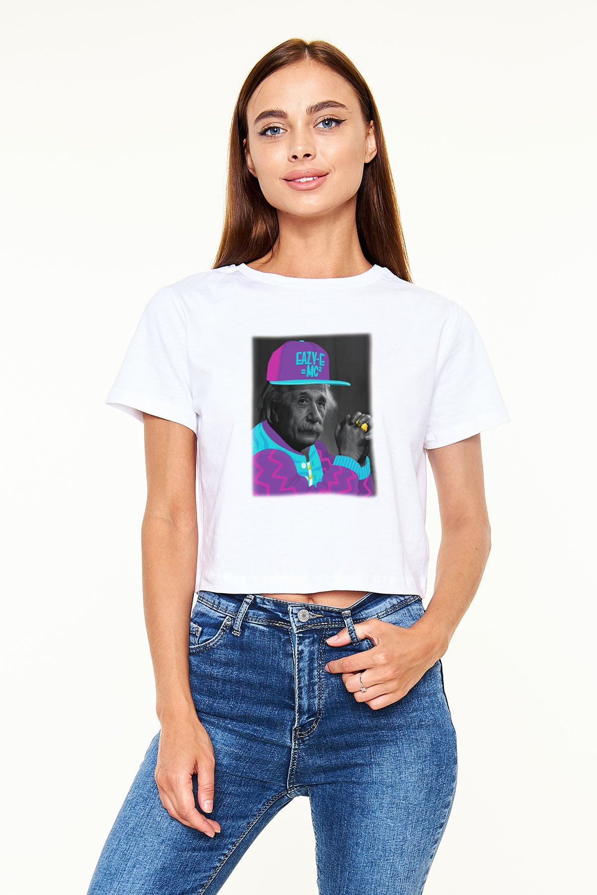 Einstein Beyaz Croptop Tişört