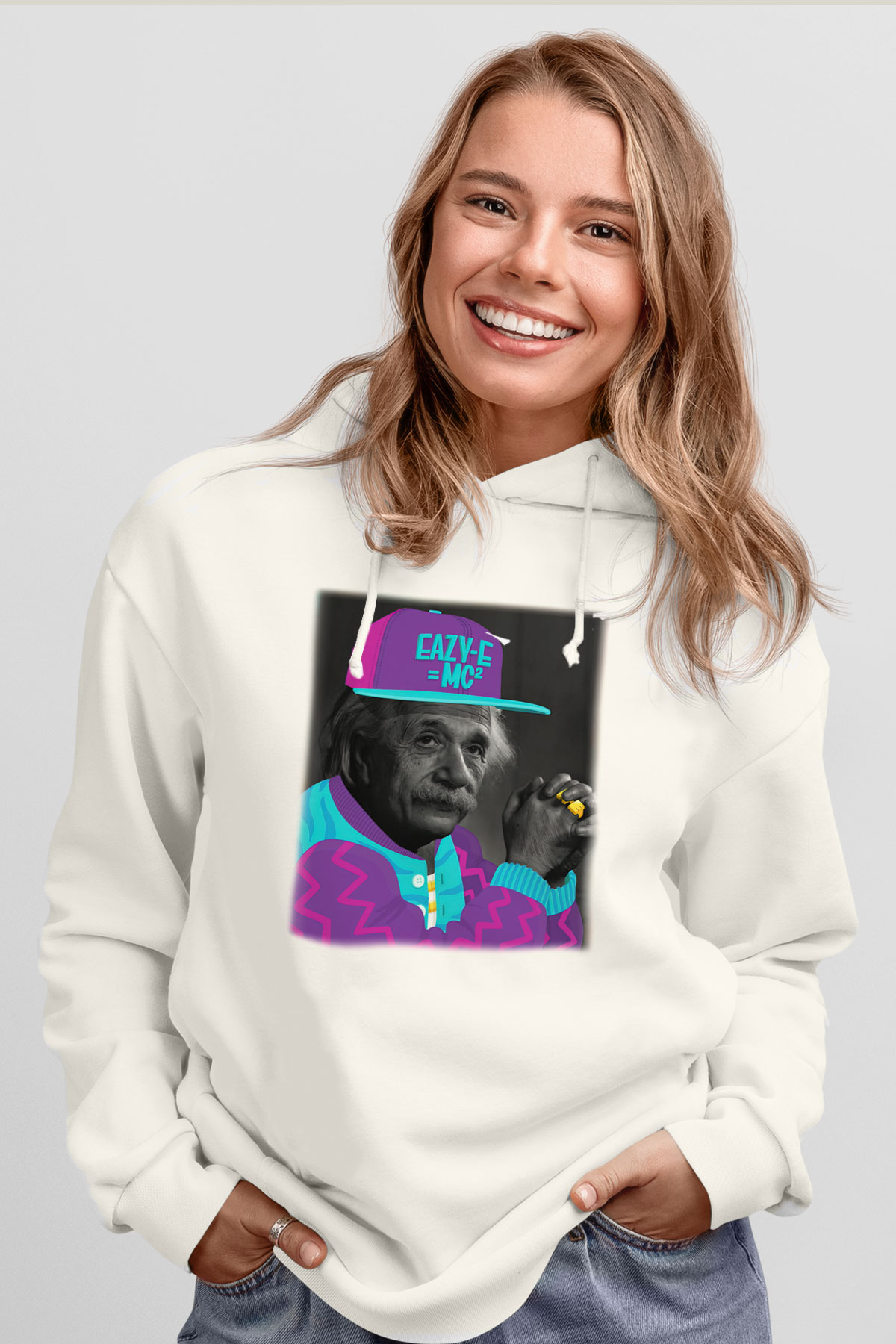 Einstein Beyaz Unisex Kapşonlu Sweatshirt