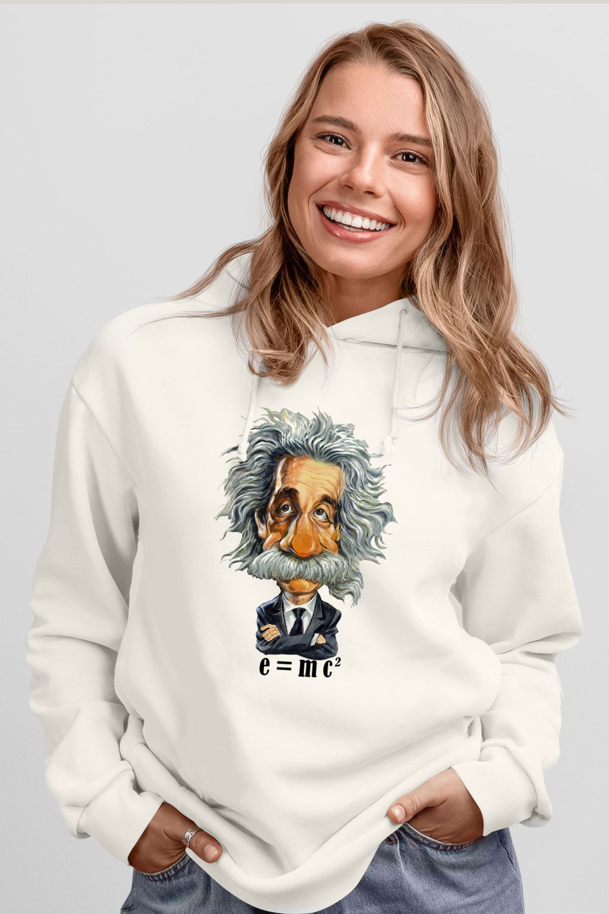 Einstein Beyaz Unisex Kapşonlu Sweatshirt